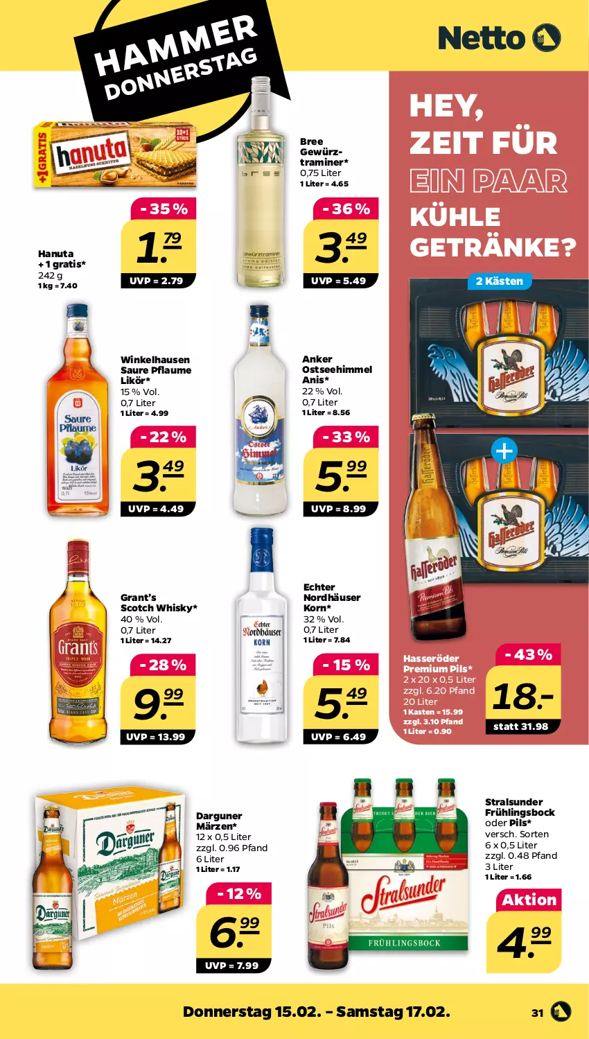 Aktueller Prospekt Netto - Woche 7 - von 12.02 bis 17.02.2024 - strona 31 - produkty: bree, getränk, getränke, gewürz, hanuta, hasseröder, korn, likör, pflaume, pils, premium pils, scotch, scotch whisky, Ti, whisky, winkelhausen