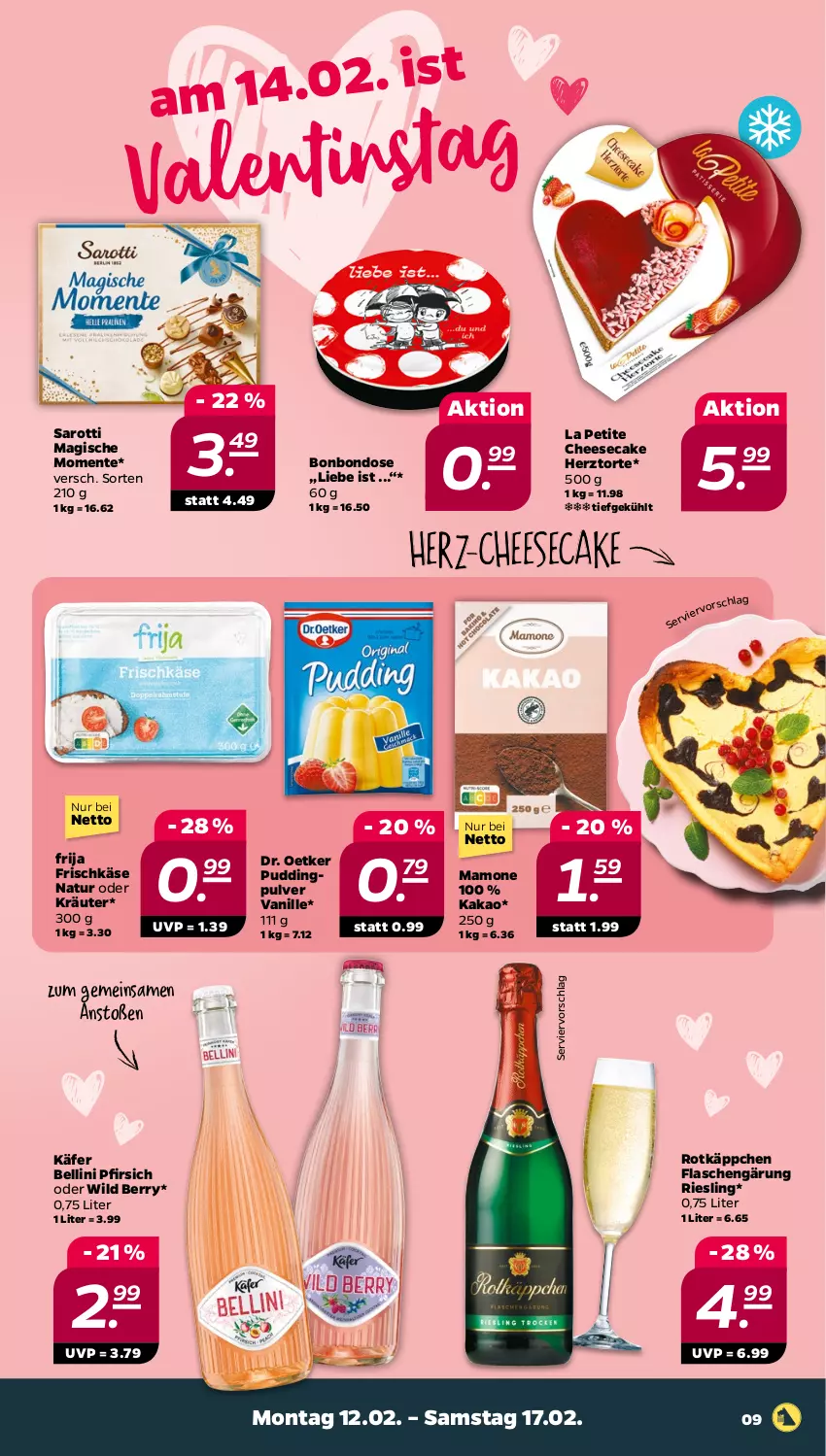 Aktueller Prospekt Netto - Woche 7 - von 12.02 bis 17.02.2024 - strona 9 - produkty: cheesecake, Dr. Oetker, ente, flasche, frischkäse, käfer, kakao, Käse, kräuter, mam, natur, oder kräuter, pfirsich, pudding, riesling, rotkäppchen, saro, sarotti, Ti, torte, vanille, Wild, wild berry