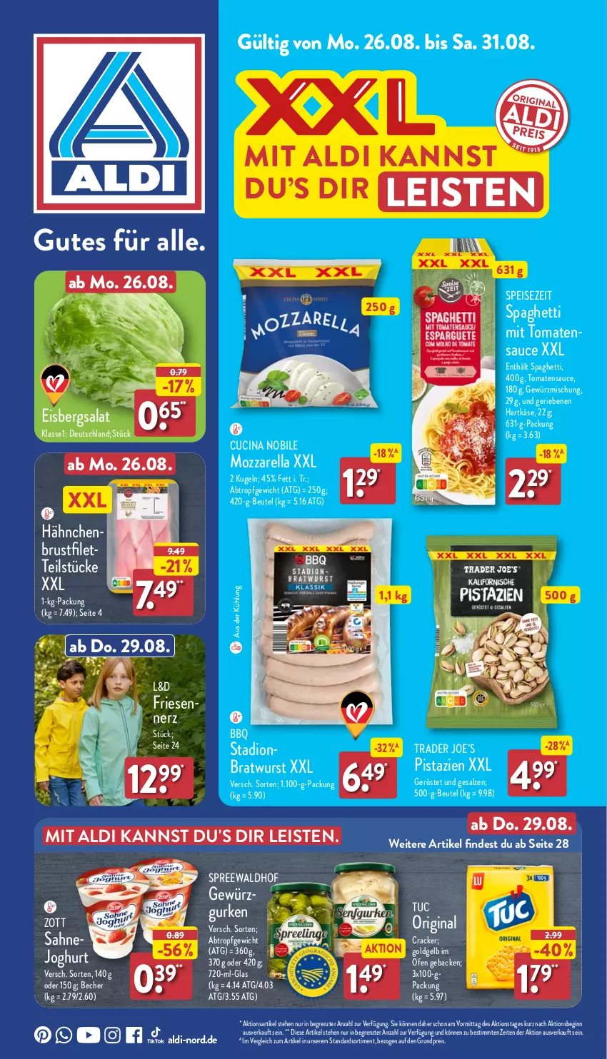 Aktueller Prospekt Aldi Nord - Von Montag - von 26.08 bis 31.08.2024 - strona 1 - produkty: aldi, Becher, beutel, bratwurst, brustfilet, cin, cracker, eis, eisbergsalat, filet, geback, gewürz, Gewürzmischung, gin, gurke, gurken, hartkäse, joghur, joghurt, Käse, Kugel, mozzarella, Ofen, pistazien, reis, rel, sahne, Sahnejoghurt, salat, salz, sauce, spaghetti, Ti, tomate, tomaten, tomatensauce, tuc, wurst, zott, ZTE