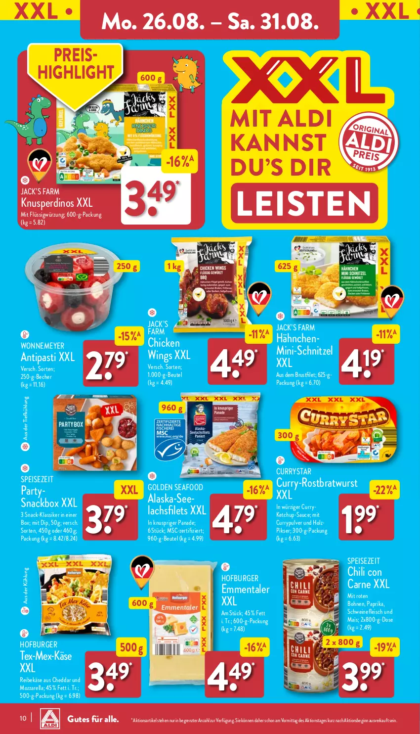 Aktueller Prospekt Aldi Nord - Von Montag - von 26.08 bis 31.08.2024 - strona 10 - produkty: Alaska-Seelachs, Alaska-Seelachsfilet, aldi, antipasti, asti, aus der tiefkühlung, Becher, beutel, bohne, bohnen, bratwurst, brustfilet, burger, cheddar, chicken wings, chili, curry, dip, eis, emmentaler, filet, filets, fleisch, gin, Holz, Käse, ketchup, lachs, lachsfilet, lachsfilets, mais, mozzarella, paprika, Reibekäse, reis, rel, rostbratwurst, sauce, schnitzel, schwein, schweine, schweinefleisch, seelachsfilet, snack, Ti, wein, weine, wurst, ZTE