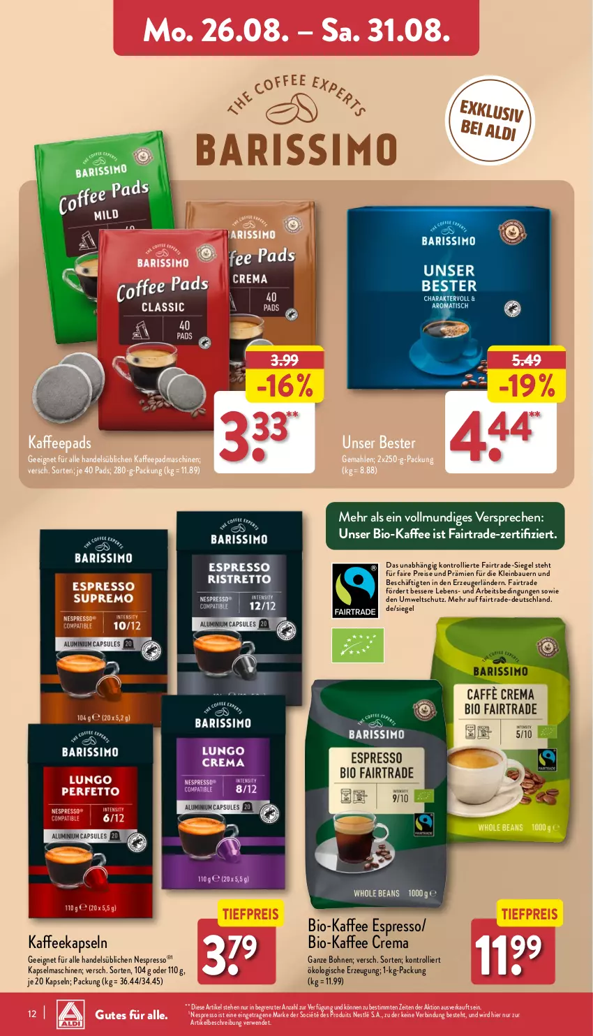 Aktueller Prospekt Aldi Nord - Von Montag - von 26.08 bis 31.08.2024 - strona 12 - produkty: auer, Bau, Bauer, bio, Bio-Kaffee, bohne, bohnen, eis, espresso, kaffee, kaffeekapseln, kaffeepads, Kapselmaschine, nespresso, nestlé, reis, rwe, Ti, tiefpreis, trolli, ZTE