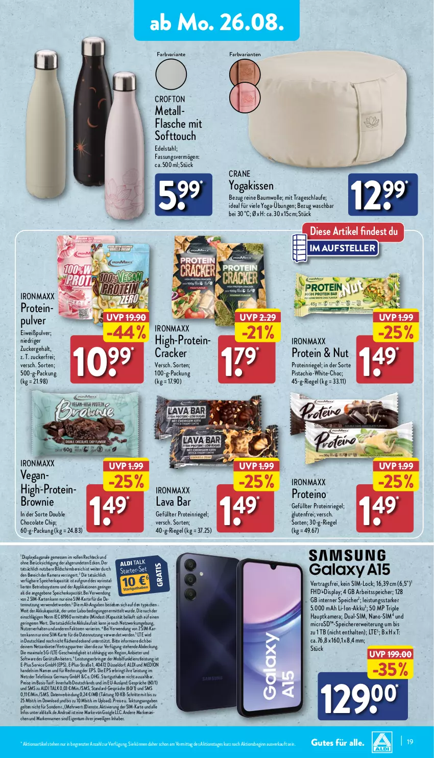 Aktueller Prospekt Aldi Nord - Von Montag - von 26.08 bis 31.08.2024 - strona 19 - produkty: akku, aldi, aldi talk, Bau, baumwolle, Betriebssystem, brownie, cola, cracker, Crofton, decke, dual-sim, edelstahl, eis, elle, erde, flasche, Germ, gin, hauptkamera, kamera, kissen, li-ion-akku, medion, microsd, reine baumwolle, reis, Ria, riegel, ring, rwe, sim, Software, teller, Ti, wolle, Yo, ZTE, zucker