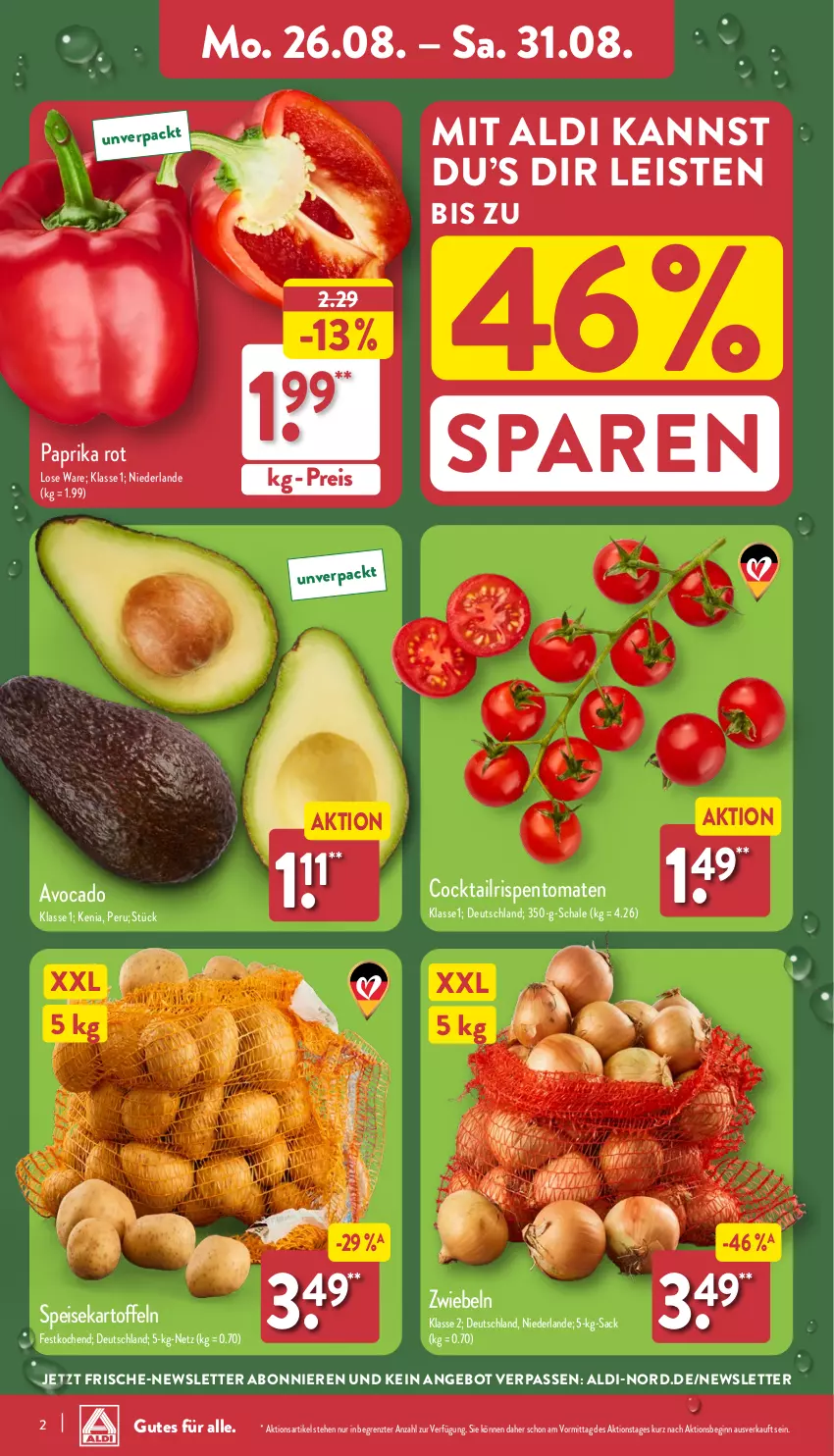 Aktueller Prospekt Aldi Nord - Von Montag - von 26.08 bis 31.08.2024 - strona 2 - produkty: aldi, angebot, avocado, cocktail, eis, gin, kartoffel, kartoffeln, paprika, paprika rot, reis, rispentomaten, sac, Schal, Schale, speisekartoffeln, Ti, tomate, tomaten, ZTE, zwiebel, zwiebeln