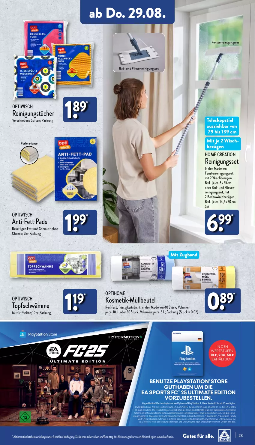 Aktueller Prospekt Aldi Nord - Von Montag - von 26.08 bis 31.08.2024 - strona 23 - produkty: aldi, Anti-Fett-Pad, Bad, ball, beutel, Bodenwischbezüge, dell, eis, elle, ente, fenster, gin, kosmetik, lays, Mode, müllbeutel, Optiwisch, PlayStation, PlayStation 5, Reinigung, reinigungstücher, Ria, ring, sony, Sport, Teleskop, teleskopstiel, Ti, topf, tücher, Xbox, ZTE