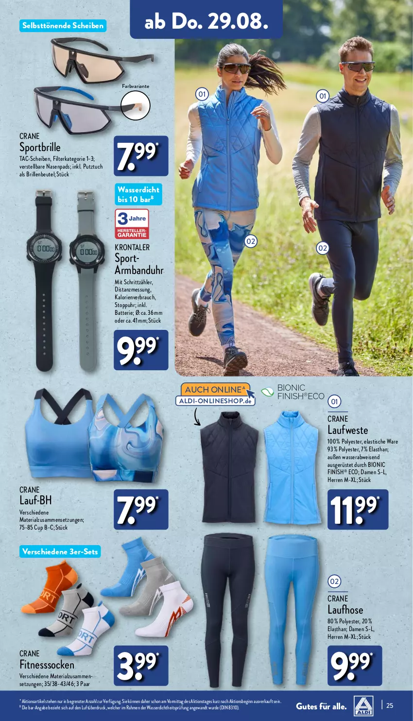 Aktueller Prospekt Aldi Nord - Von Montag - von 26.08 bis 31.08.2024 - strona 25 - produkty: aldi, Armband, Armbanduhr, asti, batterie, beutel, bio, Brille, eis, Finish, gin, hose, Lauf-BH, Laufhose, Rauch, Ria, socken, Sport, Sportbrille, Ti, tisch, tuc, uhr, wasser, Weste, ZTE