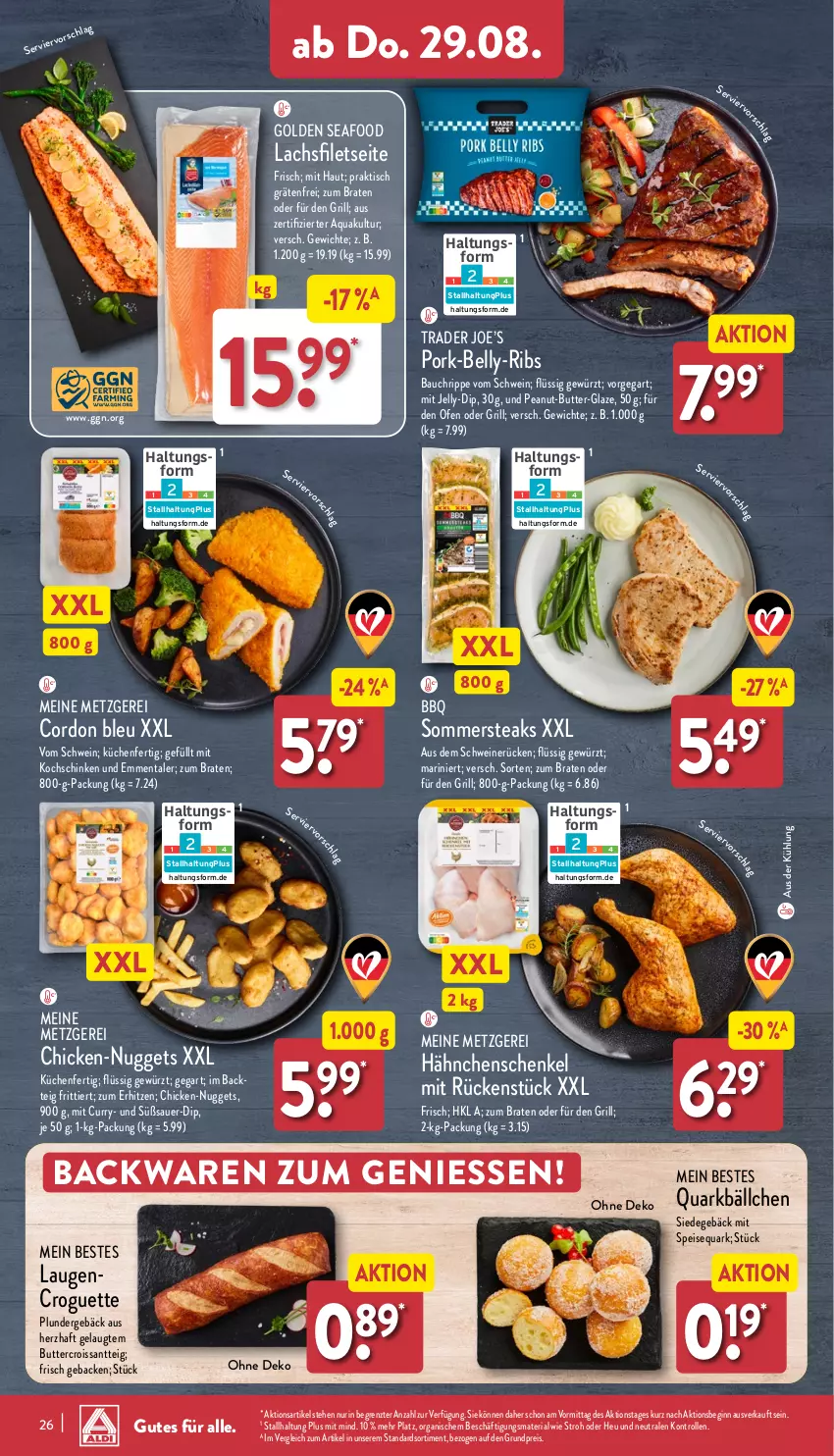 Aktueller Prospekt Aldi Nord - Von Montag - von 26.08 bis 31.08.2024 - strona 26 - produkty: aqua, auer, backwaren, Bau, braten, butter, cordon bleu, Croissant, curry, dip, eis, emmentaler, filet, filets, geback, gewürz, gin, grill, hähnchenschenkel, henkel, Heu, kochschinken, küche, Küchen, lachs, lachsfilet, lachsfilets, nuggets, Ofen, Plunder, quark, reis, Ria, schenkel, schinken, schwein, schweine, schweinerücken, speisequark, steak, steaks, Ti, tisch, wein, weine, ZTE