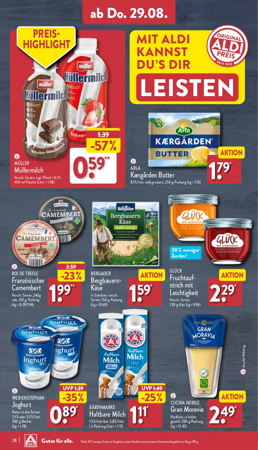 Aktueller Prospekt Aldi Nord - Von Montag - von 26.08 bis 31.08.2024 - strona 28 - produkty: aldi, arla, auer, aufstrich, bärenmarke, Bau, Bauer, Becher, bergader, butter, camembert, cin, eis, flasche, frucht, fruchtaufstrich, haltbare milch, hartkäse, joghur, joghurt, Kærgården, Käse, konfitüre, konfitüre extra, milch, Müller, müllermilch, natur, reis, Ti, weihenstephan, zucker