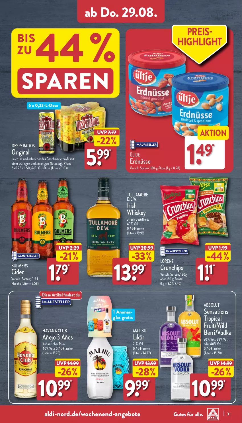 Aktueller Prospekt Aldi Nord - Von Montag - von 26.08 bis 31.08.2024 - strona 31 - produkty: aldi, ananas, angebot, angebote, beutel, chips, cider, crunchips, desperados, eis, elle, erdnüsse, flasche, gin, Havana Club, likör, lorenz, lorenz crunchips, mac, Malibu, reis, rum, sensations, teller, Ti, tullamore, ültje, ültje erdnüsse, vodka, whiskey, Wild