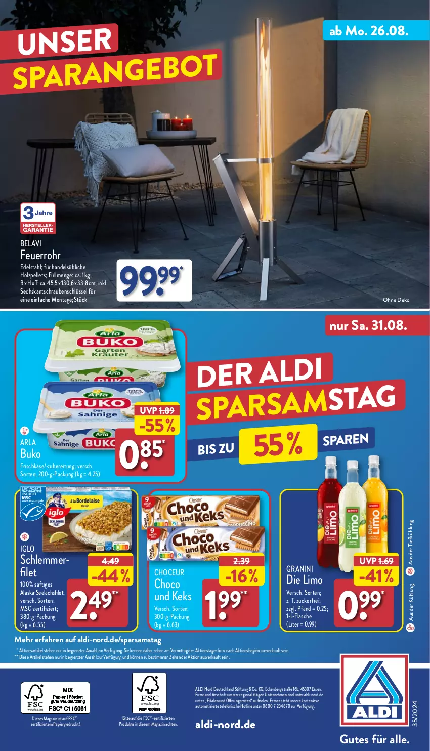 Aktueller Prospekt Aldi Nord - Von Montag - von 26.08 bis 31.08.2024 - strona 38 - produkty: Alaska-Seelachs, Alaska-Seelachsfilet, aldi, angebot, arla, aus der tiefkühlung, auto, Buko, edelstahl, elle, filet, flasche, frischkäse, gin, granini, granini die limo, Holz, Holzpellets, iglo, Käse, keks, lachs, lachsfilet, limo, magazin, papier, Pellets, saft, schrauben, seelachsfilet, telefon, Ti, ZTE, zucker