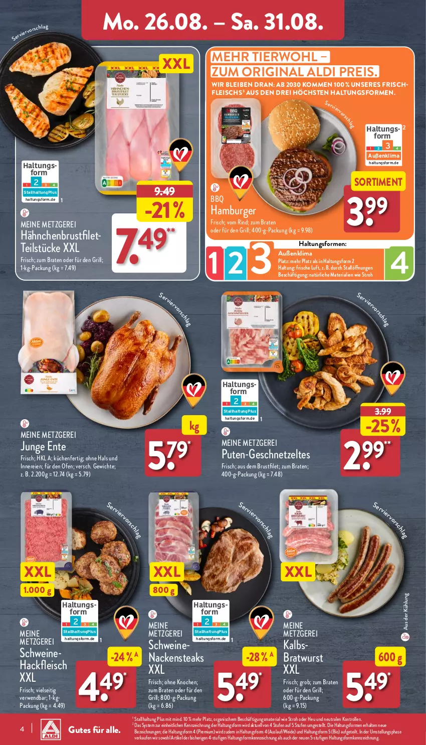 Aktueller Prospekt Aldi Nord - Von Montag - von 26.08 bis 31.08.2024 - strona 4 - produkty: aldi, bio, braten, bratwurst, brustfilet, burger, eis, ente, filet, fleisch, geschnetzeltes, gin, grill, hackfleisch, hähnchenbrust, hähnchenbrustfilet, hamburger, Heu, küche, Küchen, Nackensteak, nackensteaks, Ofen, pute, reis, Ria, rind, rwe, schwein, schweine, Schweinehackfleisch, schweinenacken, steak, steaks, Ti, wein, weine, wurst, Zelt