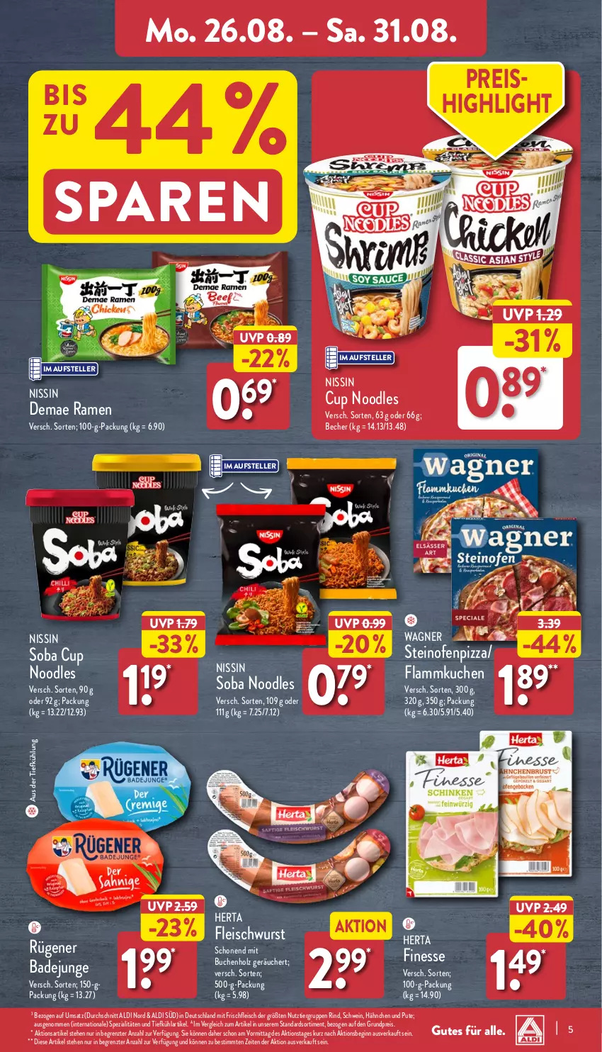 Aktueller Prospekt Aldi Nord - Von Montag - von 26.08 bis 31.08.2024 - strona 5 - produkty: aldi, aus der tiefkühlung, Bad, Becher, buch, eis, elle, finesse, flammkuchen, fleisch, fleischwurst, gin, herta, herta finesse, Holz, kuchen, lamm, Nissin, Ofen, pizza, pute, reis, rind, Rügener, rügener badejunge, schwein, Spezi, steinofen, teller, Ti, wagner, wein, wurst, ZTE