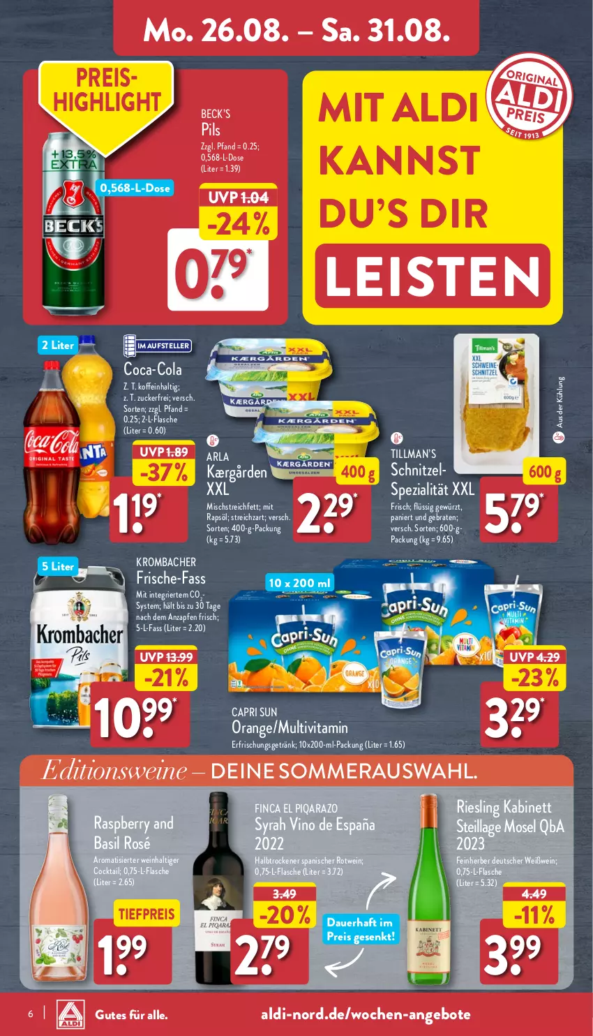 Aktueller Prospekt Aldi Nord - Von Montag - von 26.08 bis 31.08.2024 - strona 6 - produkty: aldi, angebot, angebote, arla, auer, braten, Cap, coca-cola, cocktail, cola, eis, elle, erfrischungsgetränk, flasche, getränk, gewürz, kabinett, Kærgården, krombache, krombacher, orange, pils, rapsöl, raspberry, reis, riesling, rotwein, schnitzel, Spezi, Streichzart, teller, Ti, tiefpreis, vita, wein, weine, Weißwein, zucker