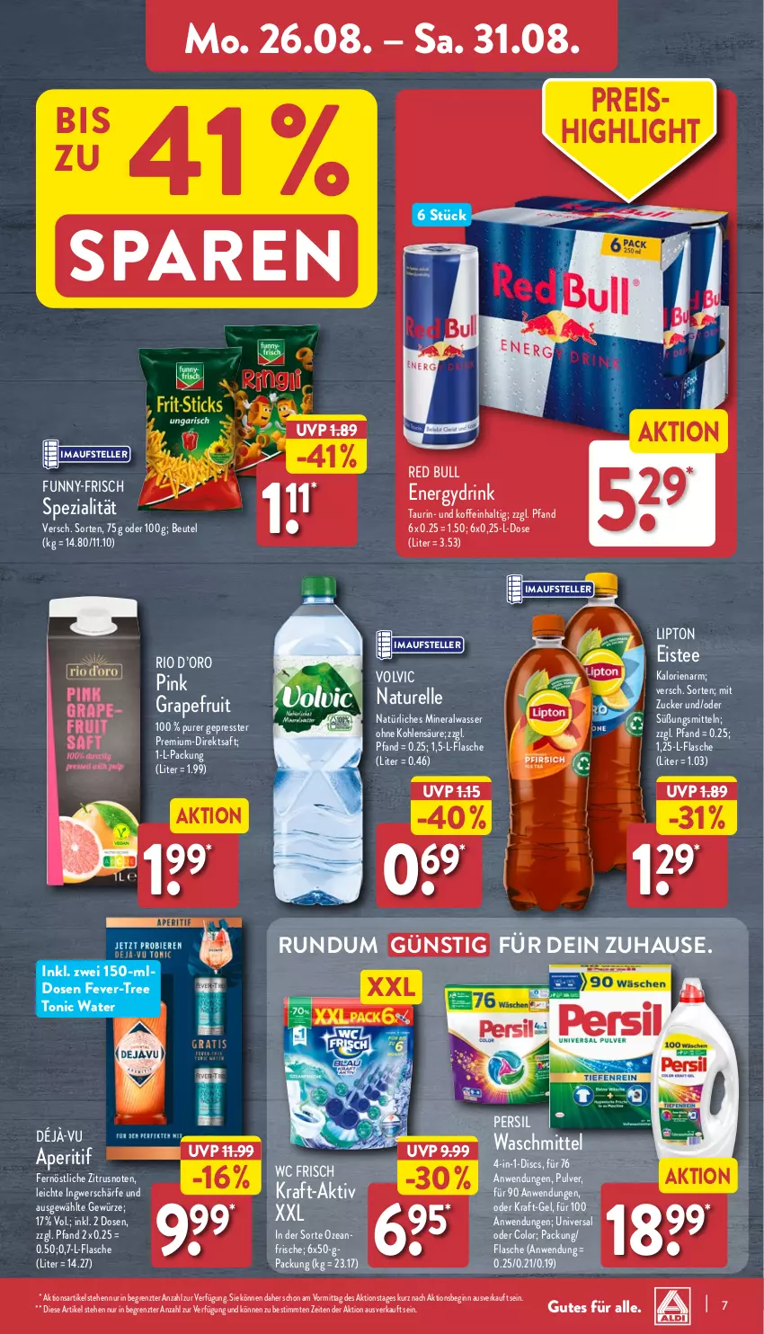 Aktueller Prospekt Aldi Nord - Von Montag - von 26.08 bis 31.08.2024 - strona 7 - produkty: Alwa, aperitif, beutel, direktsaft, drink, eis, eistee, elle, fever-tree, flasche, funny-frisch, gewürz, gin, grapefruit, ingwer, kraft, lipton, mineralwasser, natur, natürliches mineralwasser, persil, red bull, reis, rel, saft, Spezi, tee, teller, Ti, tonic, tonic water, volvic, waschmittel, wasser, wc frisch, ZTE, zucker