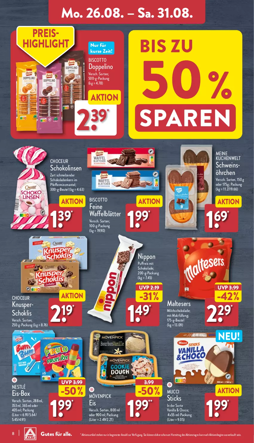 Aktueller Prospekt Aldi Nord - Von Montag - von 26.08 bis 31.08.2024 - strona 8 - produkty: beutel, biscotto, eis, gin, kuchen, linsen, malteser, malz, Mantel, milch, mövenpick, nestlé, nippon, pfeffer, reis, schoko, schokolade, schokoladen, Schokolinsen, schwein, Ti, wein, ZTE