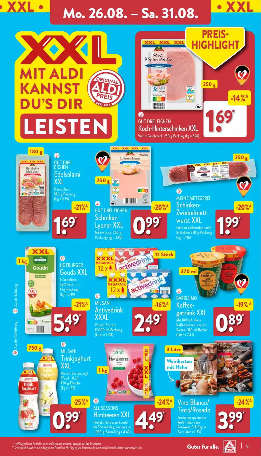 Aktueller Prospekt Aldi Nord - Von Montag - von 26.08 bis 31.08.2024 - strona 9 - produkty: aldi, aus der tiefkühlung, Becher, beere, beeren, beutel, bohne, bohnen, brot, brötchen, burger, dessert, desserts, drink, Edelsalami, eis, flasche, getränk, gouda, himbeer, himbeere, himbeeren, hinterschinken, joghur, joghurt, kaffee, kaffeebohnen, korn, Kornbrot, lyoner, mac, Mett, reis, roséwein, salami, schinken, sim, Ti, torte, vollkornbrot, wein, wurst, Yo, ZTE, zwiebel