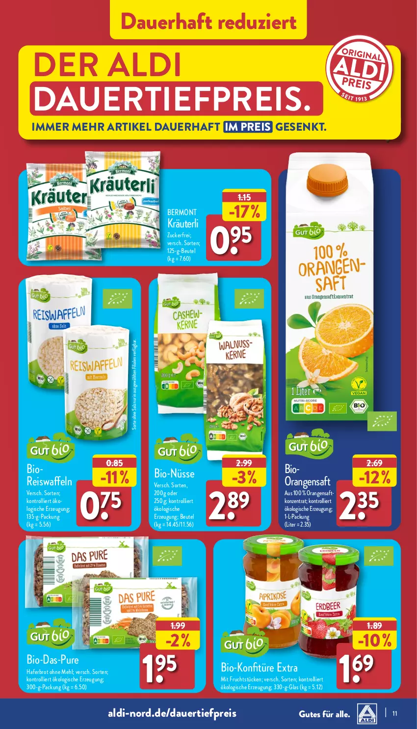 Aktueller Prospekt Aldi Nord - Von Montag - von 08.07 bis 13.07.2024 - strona 11 - produkty: aldi, auer, beutel, bio, brot, dauertiefpreis, eis, eiswaffeln, frucht, gin, hafer, kräuter, mehl, mit frucht, orange, orangen, orangensaft, reis, Reiswaffeln, saft, salz, Ti, tiefpreis, trolli, waffeln, zucker