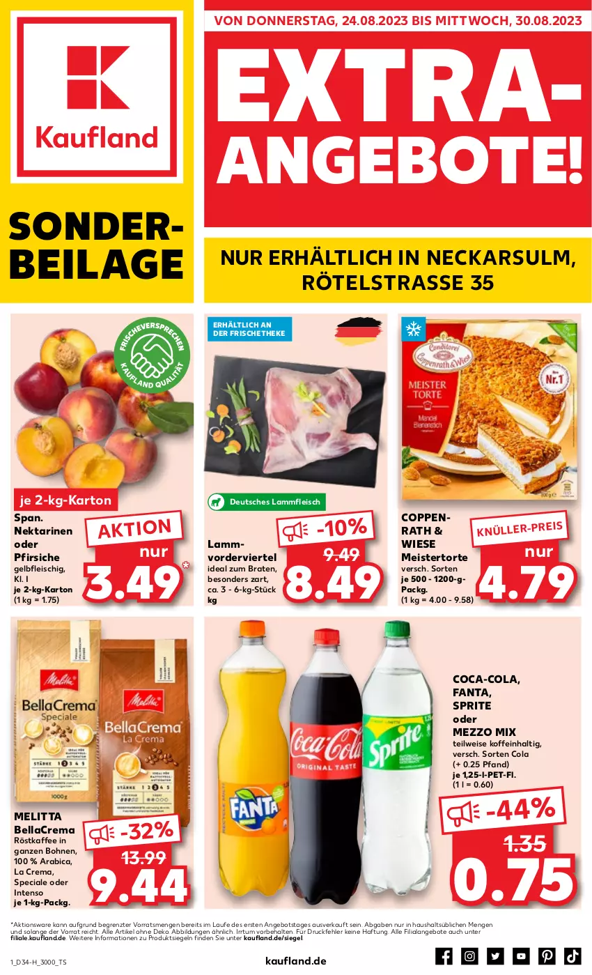 Aktueller Prospekt Kaufland - Extra-Angebote - von 24.08 bis 30.08.2023 - strona 1 - produkty: angebot, angebote, bellacrema, bohne, bohnen, braten, coca-cola, cola, eis, fanta, fleisch, ideal zum braten, ilag, intenso, kaffee, lamm, Lammfleisch, Meister, melitta, Mezzo Mix, Nektar, nektarinen, nektarinen oder, oder pfirsiche, pfirsich, pfirsiche, röstkaffee, sprite, Ti, torte, ZTE