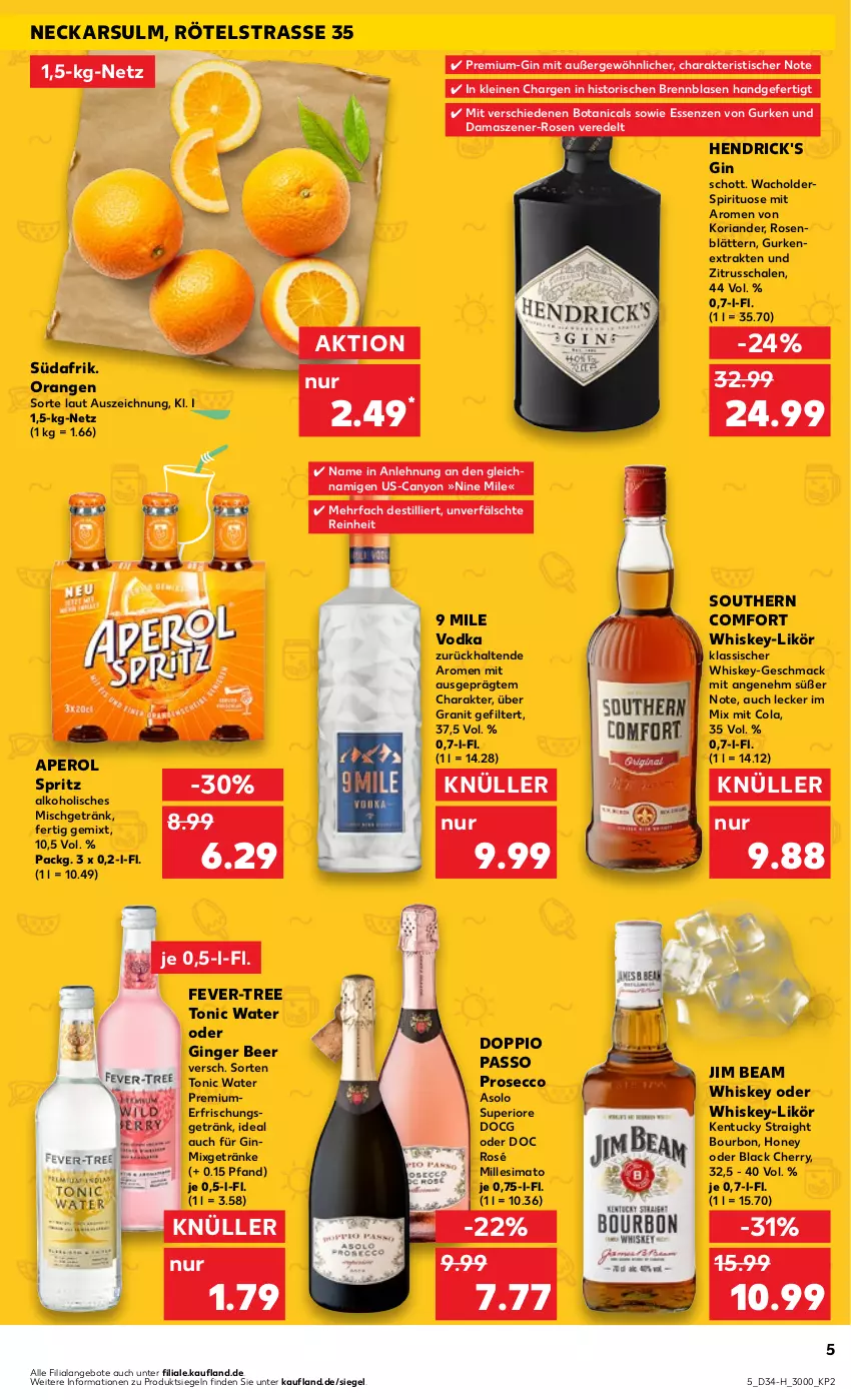 Aktueller Prospekt Kaufland - Extra-Angebote - von 24.08 bis 30.08.2023 - strona 5 - produkty: alkohol, angebot, angebote, aperol, bourbon, cola, doppio passo, ecco, erfrischungsgetränk, fever-tree, getränk, getränke, gin, ginger, gurke, gurken, Hendrick's Gin, jim beam, kentucky straight, Koriander, lack, leine, likör, mac, Mixgetränk, orange, orangen, passo, prosecco, Ria, rosen, Schal, Schale, schott, sim, Southern Comfort, Ti, tisch, tonic, tonic water, tuc, vodka, whiskey, Yo