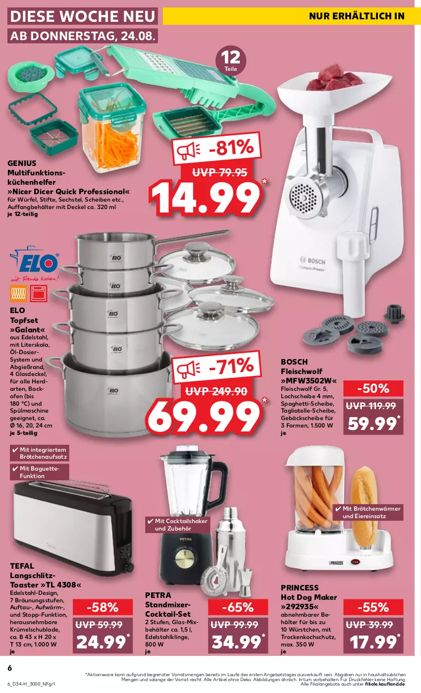 Aktueller Prospekt Kaufland - Extra-Angebote - von 24.08 bis 30.08.2023 - strona 6 - produkty: angebot, angebote, backofen, baguette, Behälter, bosch, brötchen, brötchenaufsatz, cocktail, cocktails, Cocktailshaker, decke, Deckel, edelstahl, eier, eis, elle, fleisch, Glasdeckel, herdarten, hot dog, küche, Küchen, Küchenhelfer, Mixer, Ofen, shake, spaghetti, standmixer, stifte, tagliatelle, tefal, Ti, toast, toaster, topf, Topfset, würfel, würstchen, ZTE