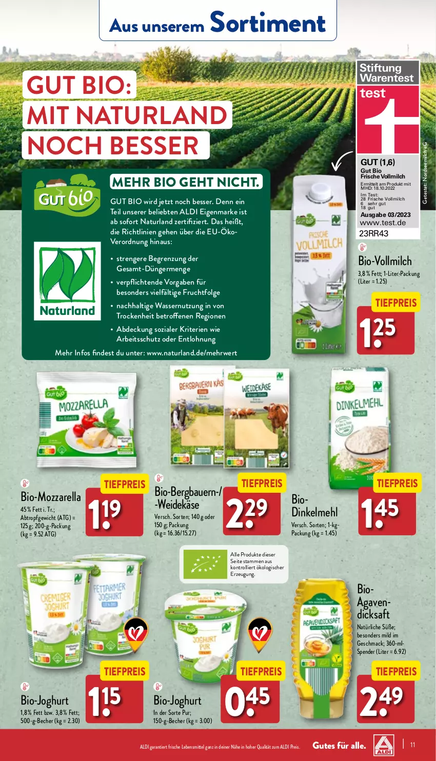 Aktueller Prospekt Aldi Nord - Von Montag - von 02.01 bis 07.01.2023 - strona 11 - produkty: agaven, aldi, auer, Bau, Bauer, Becher, bio, bio-joghurt, dicksaft, dinkelmehl, dünger, eis, frucht, Germ, joghur, joghurt, Käse, lebensmittel, LG, mac, mehl, milch, mozzarella, natur, naturland, Nordsee, reis, rel, rwe, saft, Ti, tiefpreis, trolli, vollmilch, wasser