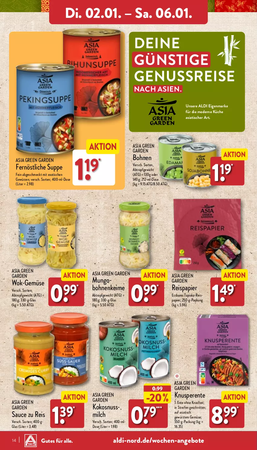 Aktueller Prospekt Aldi Nord - Von Montag - von 02.01 bis 07.01.2023 - strona 14 - produkty: aldi, angebot, angebote, Asia Green Garden, bohne, bohnen, eis, ente, gewürz, kokos, kokosnuss, Kokosnussmilch, küche, milch, nuss, papier, reifen, reis, sauce, schnitten, suppe, Ti, tisch, wok, ZTE