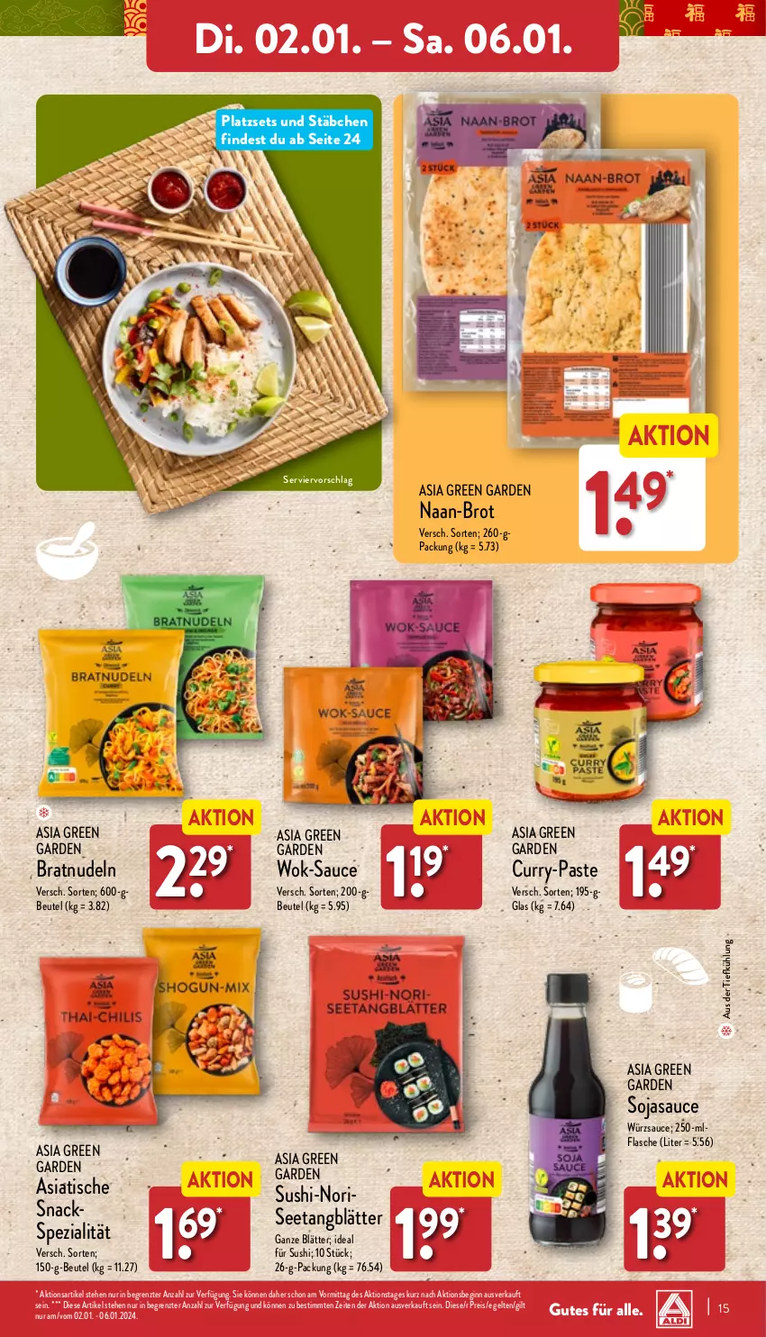 Aktueller Prospekt Aldi Nord - Von Montag - von 02.01 bis 07.01.2023 - strona 15 - produkty: Asia Green Garden, aus der tiefkühlung, beutel, brot, curry, eis, flasche, gin, nudel, nudeln, reis, sauce, saucen, sesam, snack, snacks, soja, sojasauce, Spezi, Sushi, Ti, tisch, wok, würzsauce, ZTE