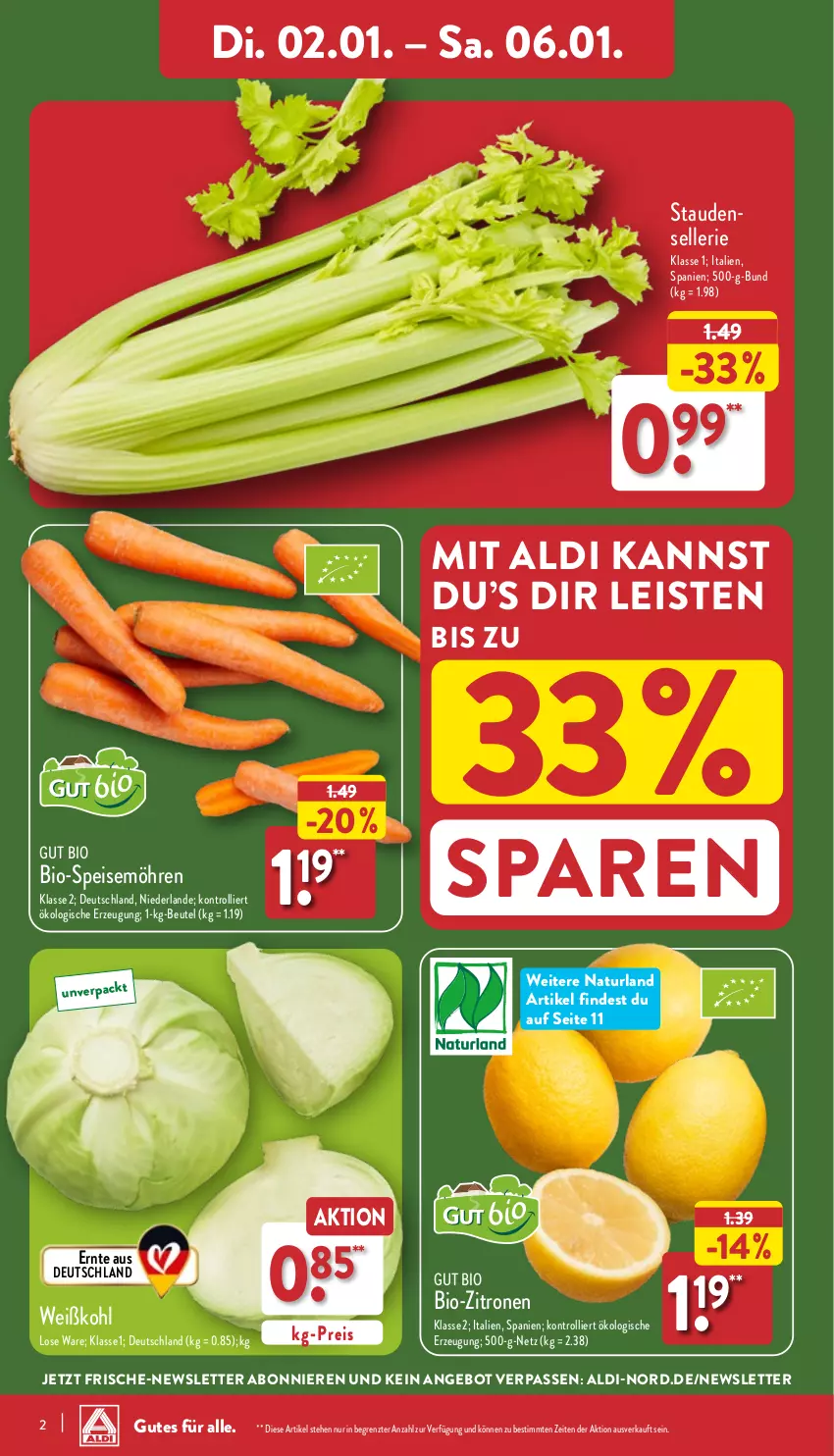 Aktueller Prospekt Aldi Nord - Von Montag - von 02.01 bis 07.01.2023 - strona 2 - produkty: aldi, angebot, beutel, bio, bio-zitronen, eis, elle, möhren, natur, naturland, reis, speisemöhren, stauden, Ti, trolli, Weißkohl, zitrone, zitronen, ZTE