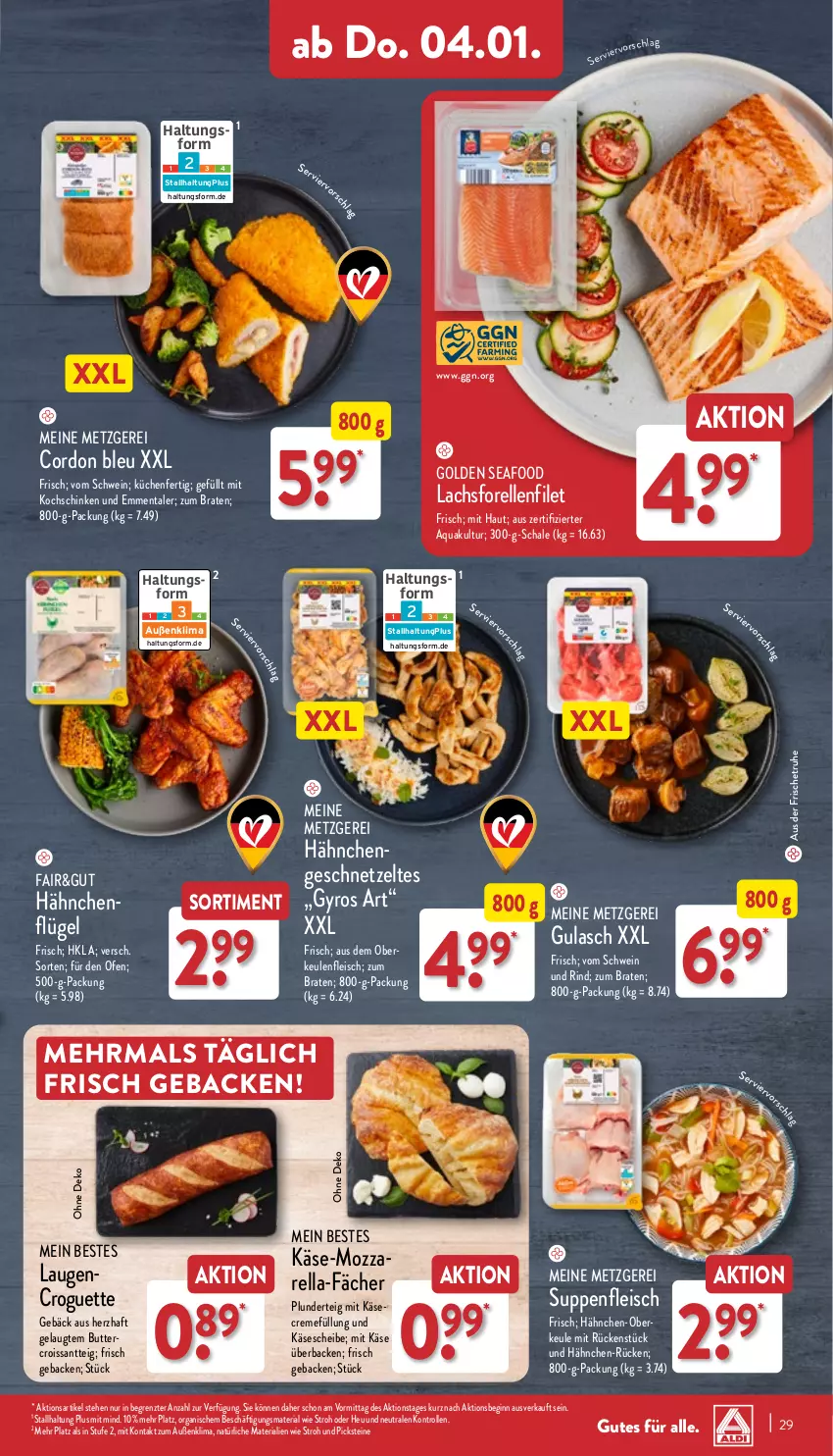 Aktueller Prospekt Aldi Nord - Von Montag - von 02.01 bis 07.01.2023 - strona 29 - produkty: aqua, braten, butter, cordon bleu, creme, Croissant, eis, elle, emmentaler, filet, fleisch, forelle, geback, geschnetzeltes, gin, gulasch, gyros, hähnchenflügel, Heu, Käse, kochschinken, küche, Küchen, lachs, Ofen, Plunder, rel, Ria, rind, Schal, Schale, schinken, schwein, schwein und rind, suppe, suppen, suppenfleisch, Ti, vom schwein und rind, wein, Zelt, ZTE