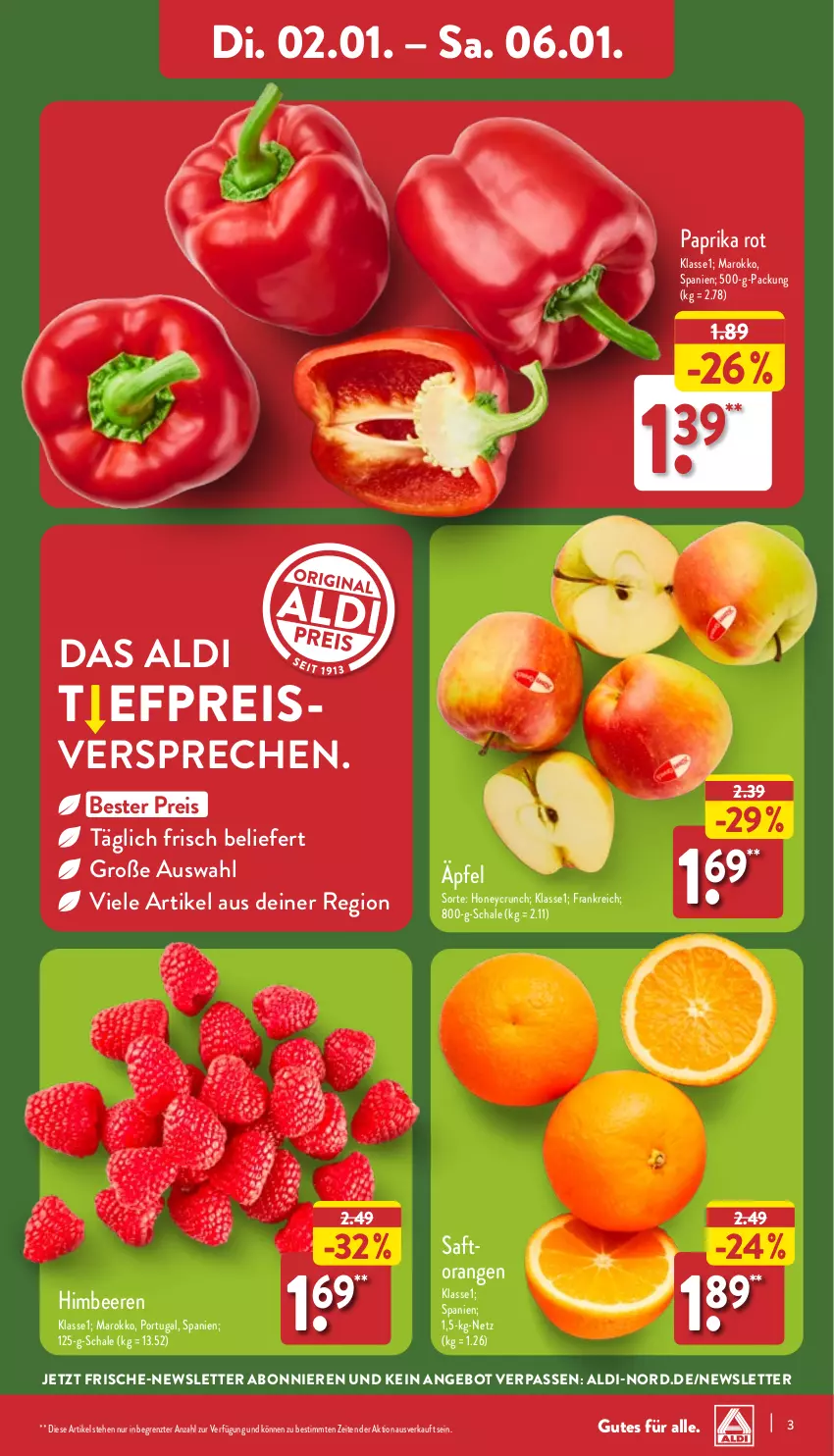 Aktueller Prospekt Aldi Nord - Von Montag - von 02.01 bis 07.01.2023 - strona 3 - produkty: aldi, angebot, beere, beeren, eis, himbeer, himbeere, himbeeren, orange, orangen, paprika, paprika rot, reis, saft, Saftorangen, Schal, Schale, Ti, ZTE