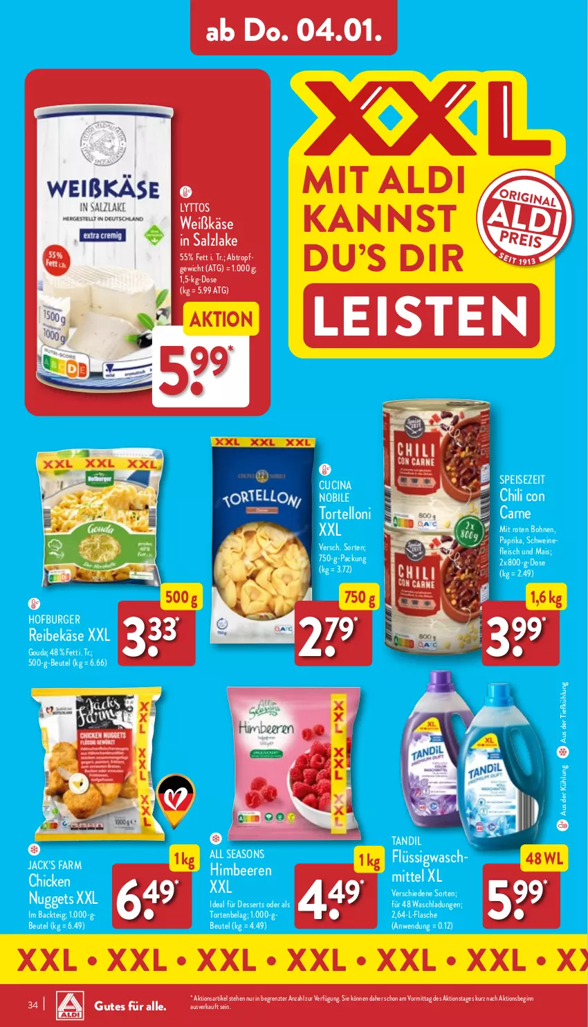 Aktueller Prospekt Aldi Nord - Von Montag - von 02.01 bis 07.01.2023 - strona 34 - produkty: aldi, aus der tiefkühlung, beere, beeren, beutel, bohne, bohnen, burger, chicken nuggets, chili, cin, dessert, desserts, eis, flasche, fleisch, gin, gouda, himbeer, himbeere, himbeeren, Käse, mais, nuggets, paprika, Reibekäse, salz, schwein, schweine, Ti, torte, tortelloni, waschmittel, wein, weine, ZTE