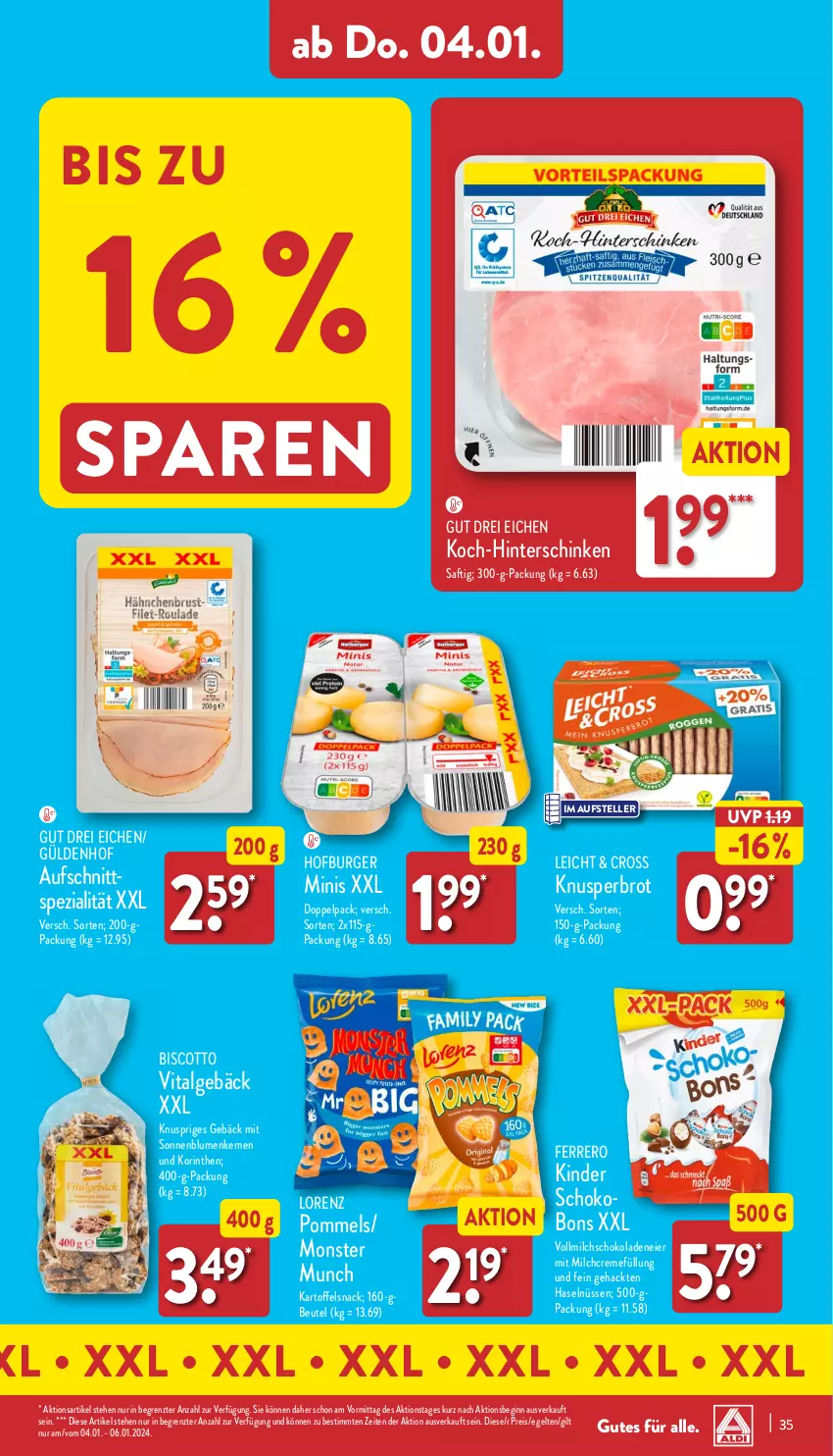 Aktueller Prospekt Aldi Nord - Von Montag - von 02.01 bis 07.01.2023 - strona 35 - produkty: aufschnitt, beutel, biscotto, blume, blumen, brot, burger, creme, eier, eis, elle, ferrero, gin, hinterschinken, kartoffel, Kinder, LG, lorenz, milch, monster, Pommels, reis, saft, schinken, schoko, schokolade, schokoladen, snack, Spezi, teller, Ti, vita, vollmilch, ZTE