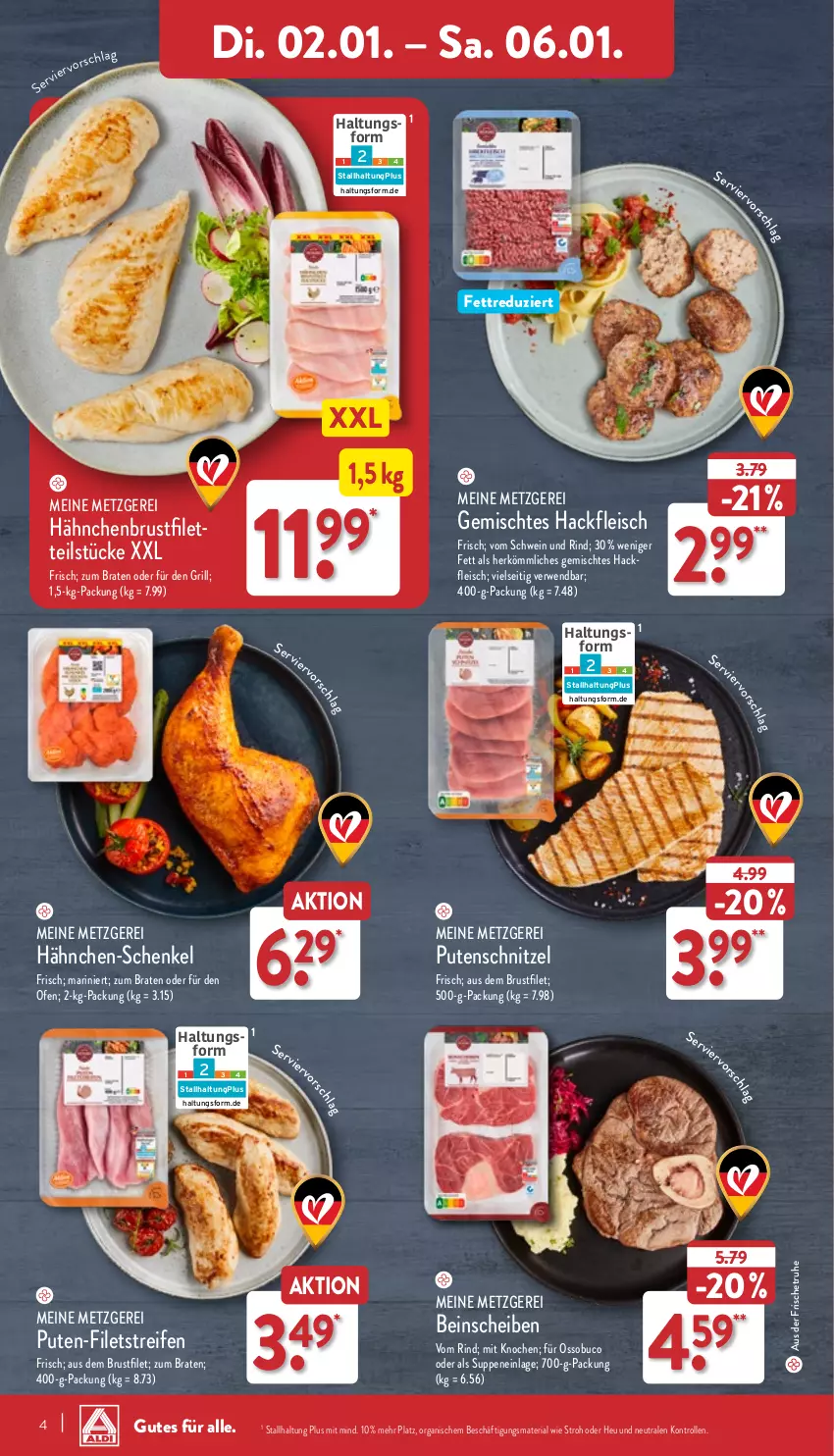 Aktueller Prospekt Aldi Nord - Von Montag - von 02.01 bis 07.01.2023 - strona 4 - produkty: braten, brustfilet, eis, filet, fleisch, grill, hackfleisch, hähnchen-schenkel, hähnchenbrust, hähnchenbrustfilet, henkel, Heu, Ofen, pute, putenschnitzel, reifen, Ria, rind, rwe, schenkel, schnitzel, schwein, schwein und rind, suppe, suppen, Ti, vom schwein und rind, wein