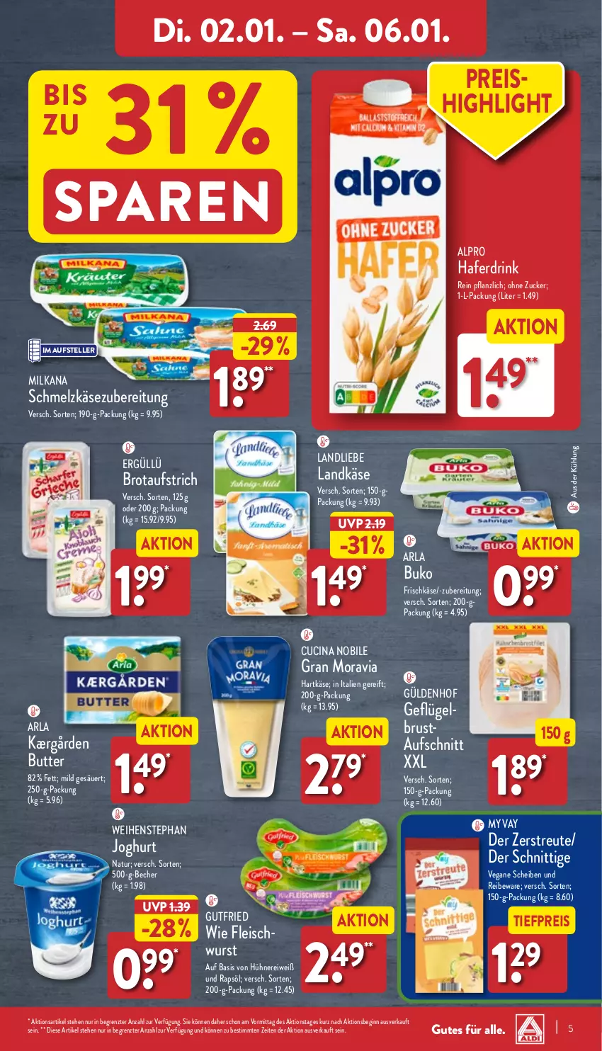 Aktueller Prospekt Aldi Nord - Von Montag - von 02.01 bis 07.01.2023 - strona 5 - produkty: alpro, arla, arla buko, aufschnitt, aufstrich, Becher, brot, brotaufstrich, Buko, butter, cin, drink, eis, elle, fleisch, frischkäse, Geflügel, gin, gutfried, hafer, Haferdrink, hartkäse, hühner, joghur, joghurt, Kærgården, Käse, landkäse, landliebe, milka, milkana, natur, ndk, rapsöl, reis, Schmelzkäse, schmelzkäsezubereitung, teller, Ti, tiefpreis, weihenstephan, wurst, ZTE, zucker