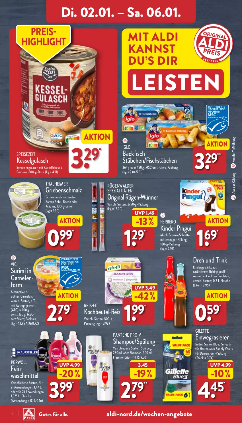 Aktueller Prospekt Aldi Nord - Von Montag - von 02.01 bis 07.01.2023 - strona 6 - produkty: aldi, angebot, angebote, apfel, aus der tiefkühlung, backfisch, bacon, beutel, eimer, einwegrasierer, eis, elle, ferrero, fisch, fischstäbchen, flasche, früchte, früchten, garnelen, getränk, gin, gulasch, iglo, kartoffel, kartoffeln, Kinder, kinder pingui, kochbeutel, kräuter, LG, malz, milch, oder kräuter, pantene, pantene pro-v, perwoll, pingui, pro-v, rasierer, reis, reis-fit, rügenwalder, Schmalz, schoko, schwein, schweine, schweinegulasch, shampoo, sim, Spezi, spülung, teller, Ti, und gemüse, venus, wasser, wein, weine