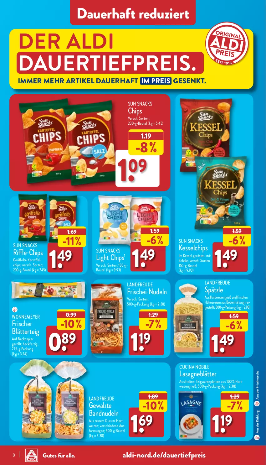 Aktueller Prospekt Aldi Nord - Von Montag - von 02.01 bis 07.01.2023 - strona 8 - produkty: aldi, auer, beutel, blätterteig, chips, cin, dauertiefpreis, eier, eis, frischei-nudeln, hartweizen, hühner, kartoffel, kartoffelchips, lasagne, Lasagneblätter, latte, nudel, nudeln, papier, reis, rum, Schal, Schale, snack, snacks, Sun Snacks, teigwaren, Ti, tiefpreis, ZTE