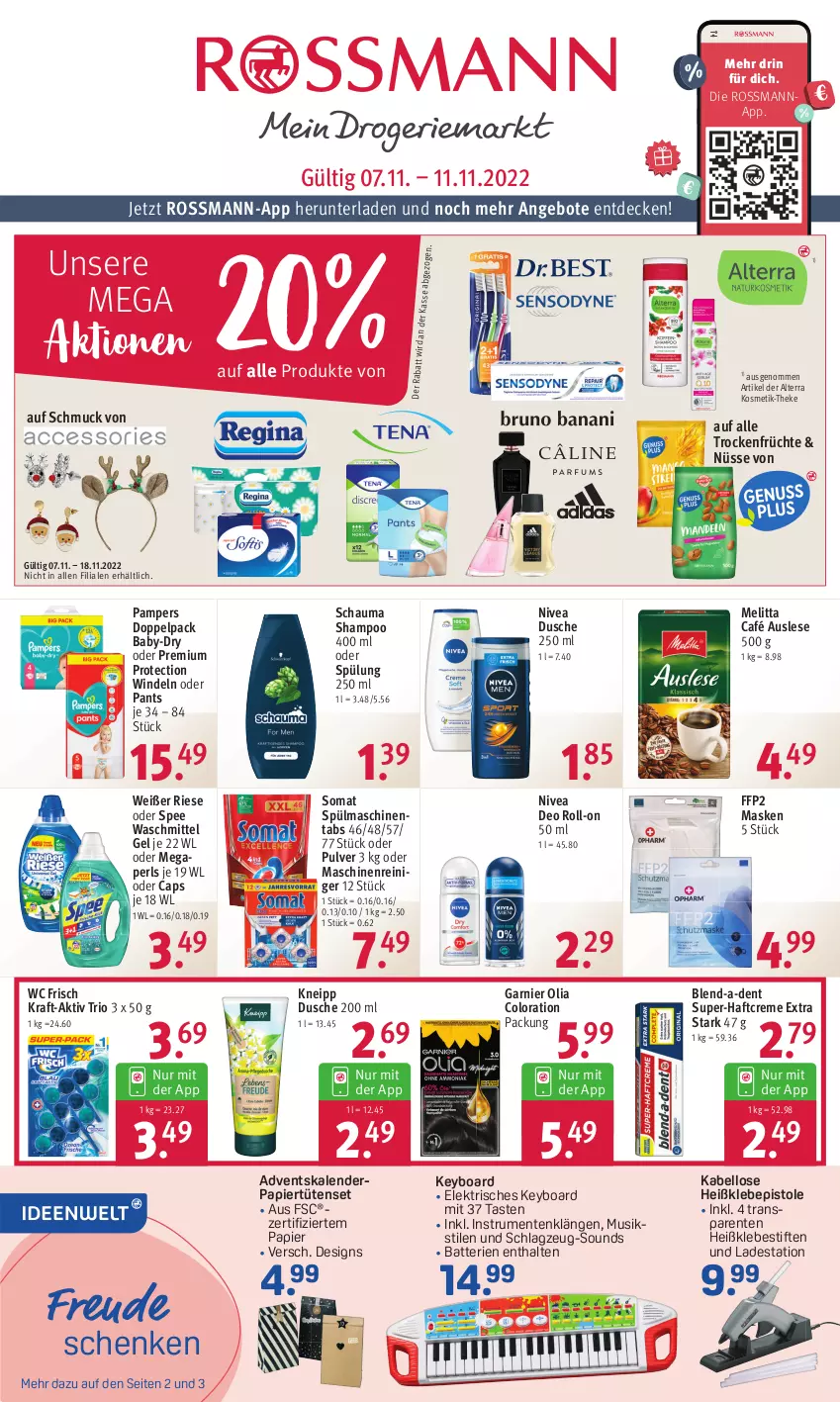 Aktueller Prospekt Rossmann - Prospekte - von 07.11 bis 11.11.2022 - strona 1 - produkty: Adventskalender, alterra, angebot, angebote, baby-dry, batterie, batterien, Cap, creme, decke, deo, deo roll-on, dusche, ente, FFP2, früchte, garnier, Haftcreme, Heißklebepistole, kneipp, kosmetik, kraft, maschinenreiniger, Maske, megaperls, melitta, nivea, pampers, Pants, papier, Papiertüte, reiniger, roll-on, rum, schauma, schauma shampoo, Schmuck, shampoo, somat, spee, spülmaschinen, spülmaschinentabs, spülung, stifte, Ti, Trockenfrüchte, Tüte, waschmittel, wc frisch, windeln, windeln oder pants