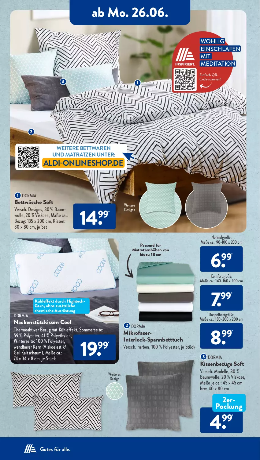 Aktueller Prospekt AldiSud - NÄCHSTE WOCHE - von 26.06 bis 01.07.2023 - strona 14 - produkty: aldi, asti, Bau, baumwolle, bett, Betttuch, bettwäsche, dell, dormia, elle, kissen, LG, matratze, matratzen, mikrofaser, Mode, nackenstützkissen, spannbetttuch, Ti, tuc, und matratze, wolle