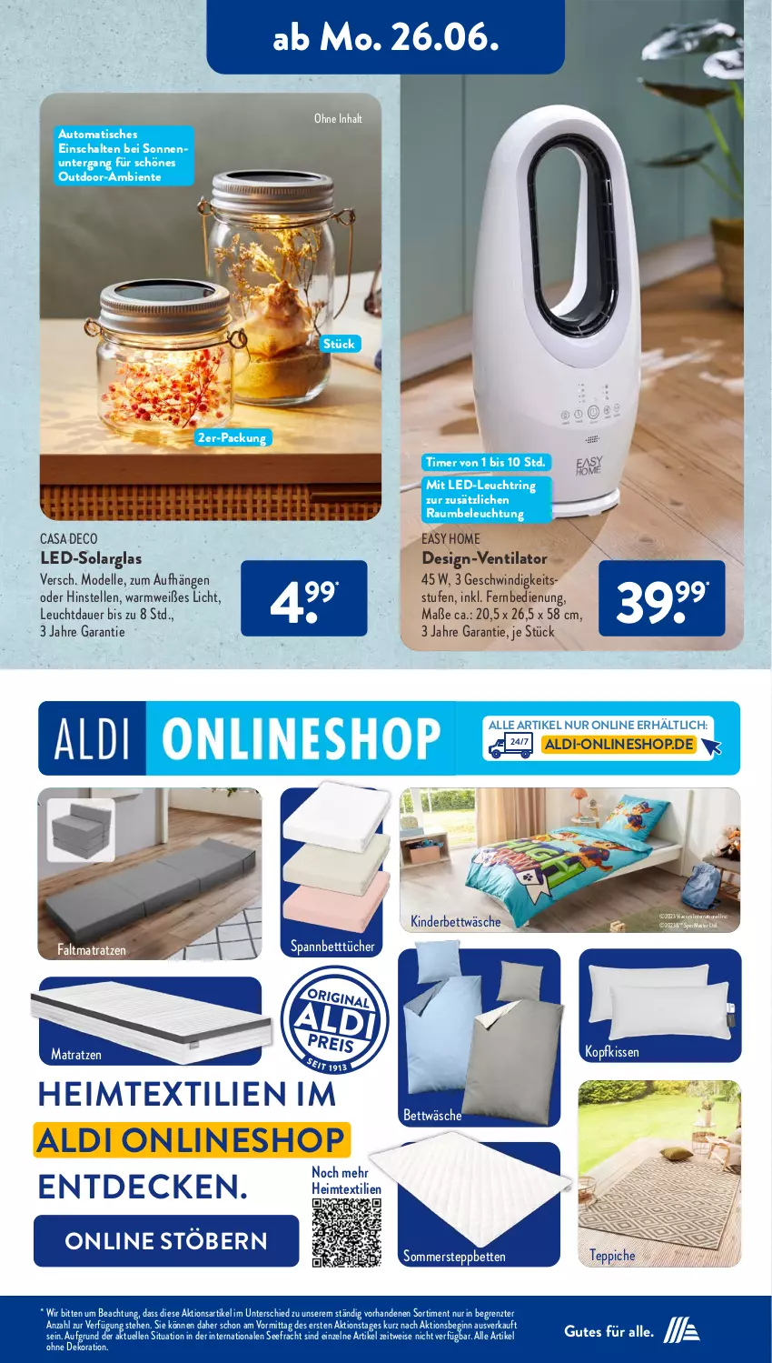 Aktueller Prospekt AldiSud - NÄCHSTE WOCHE - von 26.06 bis 01.07.2023 - strona 15 - produkty: aldi, alle artikel ohne dekoration, auer, auto, beleuchtung, bett, Betten, bettwäsche, casa deco, decke, dekoration, dell, eis, elle, ente, Faltmatratze, fernbedienung, gin, heimtextilien, Kinder, Kinderbett, kissen, kopfkissen, matratze, matratzen, Mode, ring, Schal, Spannbetttücher, steppbett, teppich, teppiche, Ti, timer, tisch, tücher, ventilator, ZTE