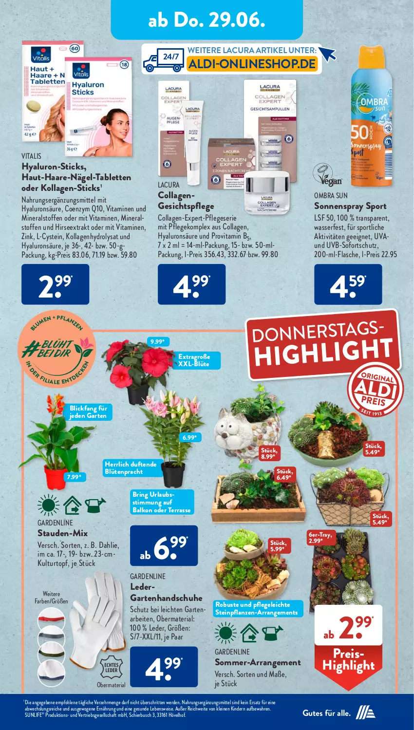 Aktueller Prospekt AldiSud - NÄCHSTE WOCHE - von 26.06 bis 01.07.2023 - strona 23 - produkty: aldi, Blüte, Collagen, dahlie, eis, erde, flasche, Garten, gesichtspflege, handschuhe, hyaluron, Kinder, Kollagen, kulturtopf, leine, ombra, pflanze, pflanzen, Q10, reis, Ria, ring, schuhe, sonnenspray, Sport, stauden, tablet, tablett, Tablette, Ti, topf, vita, vitalis, Vitamin B, Vitamine, wasser