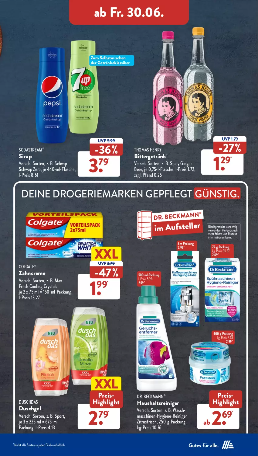 Aktueller Prospekt AldiSud - NÄCHSTE WOCHE - von 26.06 bis 01.07.2023 - strona 28 - produkty: bio, biozidprodukte, colgate, creme, Dr. Beckmann, duschdas, duschgel, eis, elle, flasche, getränk, getränke, gin, ginger, hygiene-reiniger, LG, Max Fresh, Rauch, reiniger, reis, rwe, Schwip Schwap, sirup, Soda, sodastream, Sport, teller, thomas henry, Ti, waschmaschine, waschmaschinen, zahncreme