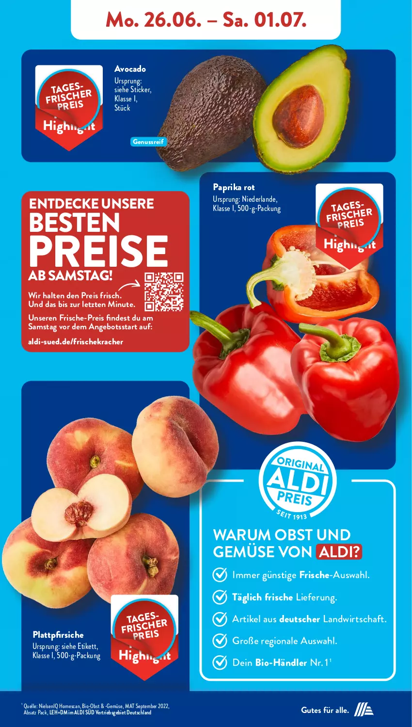 Aktueller Prospekt AldiSud - NÄCHSTE WOCHE - von 26.06 bis 01.07.2023 - strona 7 - produkty: aldi, angebot, avocado, bio, Bio-Obst, decke, eis, elle, kracher, nuss, obst, Obst und Gemüse, paprika, paprika rot, pfirsich, pfirsiche, plattpfirsiche, reis, rum, Ti, und gemüse, ZTE