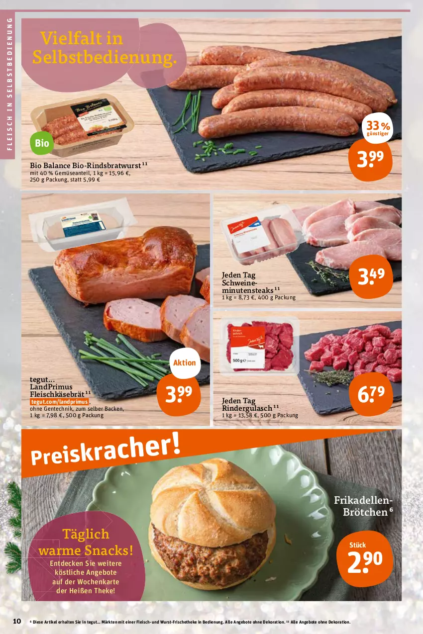 Aktueller Prospekt Tegut - Angebote der Woche - von 14.11 bis 19.11.2022 - strona 12 - produkty: angebot, angebote, bio, bratwurst, brötchen, decke, dekoration, dell, eis, elle, ente, fleisch, fleisch in selbstbedienung, fleischkäse, frikadellen, gulasch, Käse, landprimus, minutensteaks, rind, rinder, rindergulasch, schwein, schweine, snack, snacks, steak, steaks, Ti, wein, weine, wurst