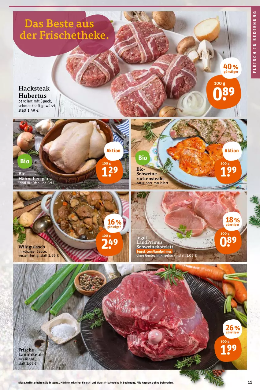 Aktueller Prospekt Tegut - Angebote der Woche - von 14.11 bis 19.11.2022 - strona 13 - produkty: angebot, angebote, bio, dekoration, eis, ente, fleisch, gewürz, grill, gulasch, kotelett, lamm, lammkeule, landprimus, mac, natur, Ofen, Rückensteak, rückensteaks, sauce, schwein, schweine, schweinekotelett, schweinerücken, Speck, steak, steaks, Ti, wein, weine, Wild, wurst