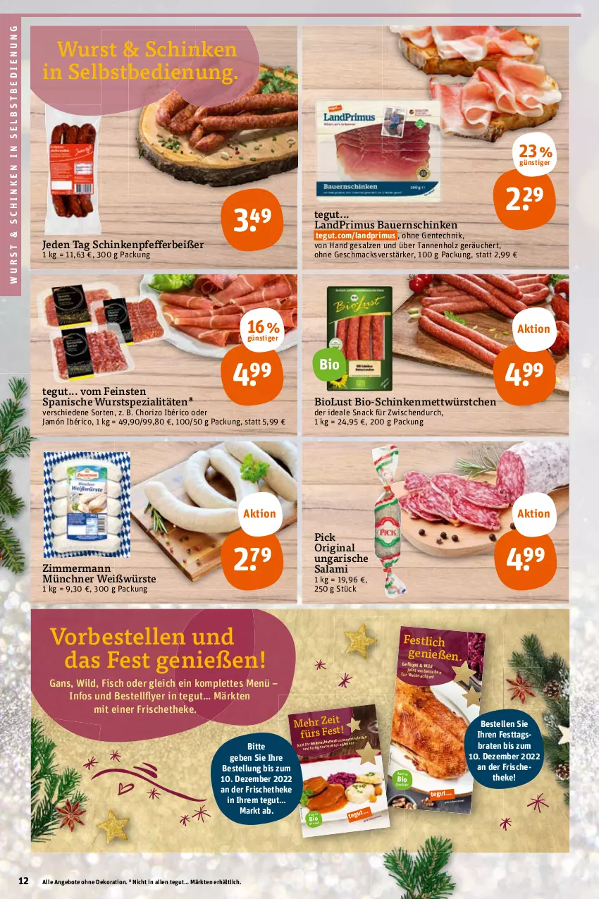 Aktueller Prospekt Tegut - Angebote der Woche - von 14.11 bis 19.11.2022 - strona 14 - produkty: angebot, angebote, auer, Bau, Bauer, Bauernschinken, bio, braten, Brei, buch, chorizo, dekoration, elle, ente, fisch, Geflügel, gin, Holz, landprimus, mac, Mett, pfeffer, Pfefferbeißer, salami, salz, Schal, Schale, schinken, snack, Spezi, telefon, Ti, Ungarische Salami, Wild, wurst, würstchen