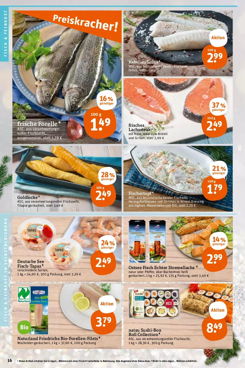 Aktueller Prospekt Tegut - Angebote der Woche - von 14.11 bis 19.11.2022 - strona 18 - produkty: angebot, angebote, bio, braten, buch, dekoration, dressing, eis, elle, feinkost, filet, filets, fisch, fische, Fischer, fleisch, forelle, grill, hering, Herings, Holz, ideal zum braten, joghur, joghurt, lachs, mayonnaise, natur, naturland, rel, ring, Schere, steak, Sushi, Tapas, tender, Ti, Tilapia, topf, Yo