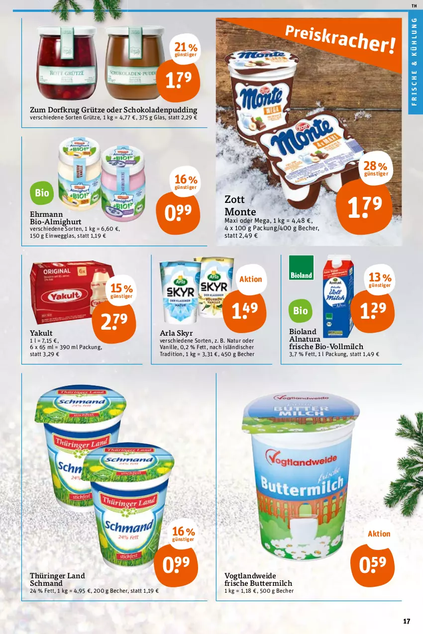 Aktueller Prospekt Tegut - Angebote der Woche - von 14.11 bis 19.11.2022 - strona 19 - produkty: almighur, almighurt, arla, arla skyr, Becher, bio, bioland, butter, buttermilch, ehrmann, grütze, milch, monte, natur, natura, pudding, ring, schmand, schoko, schokolade, schokoladen, Skyr, Ti, vanille, vollmilch, zott, Zott Monte, Zum Dorfkrug