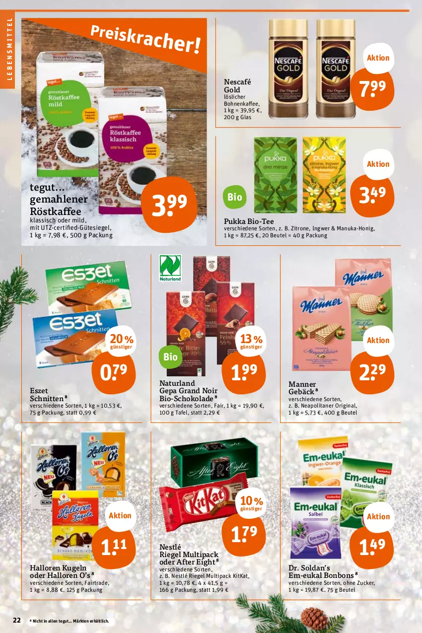 Aktueller Prospekt Tegut - Angebote der Woche - von 14.11 bis 19.11.2022 - strona 24 - produkty: after eight, beutel, bio, bohne, bohnen, bonbons, gin, honig, ingwer, kaffee, kitkat, Kugel, lebensmittel, Manner, natur, naturland, Nescafé, nescafé gold, nestlé, nuk, riegel, röstkaffee, schnitten, schoko, schokolade, tee, Ti, zitrone, zucker