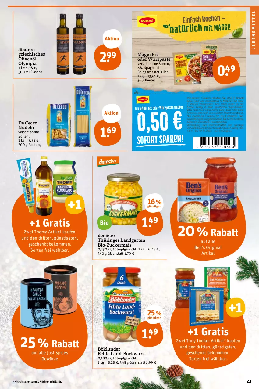 Aktueller Prospekt Tegut - Angebote der Woche - von 14.11 bis 19.11.2022 - strona 25 - produkty: beko, Ben’s Original, beutel, bio, bockwurst, böklunder, bolognese, Brei, coupon, De Cecco, ecco, flasche, Garten, gewürz, gin, lebensmittel, maggi, maggi fix, mais, nudel, nudeln, olive, oliven, olivenöl, ring, spaghetti, spaghetti bolognese, thomy, Ti, wurst, zucker, zuckermais