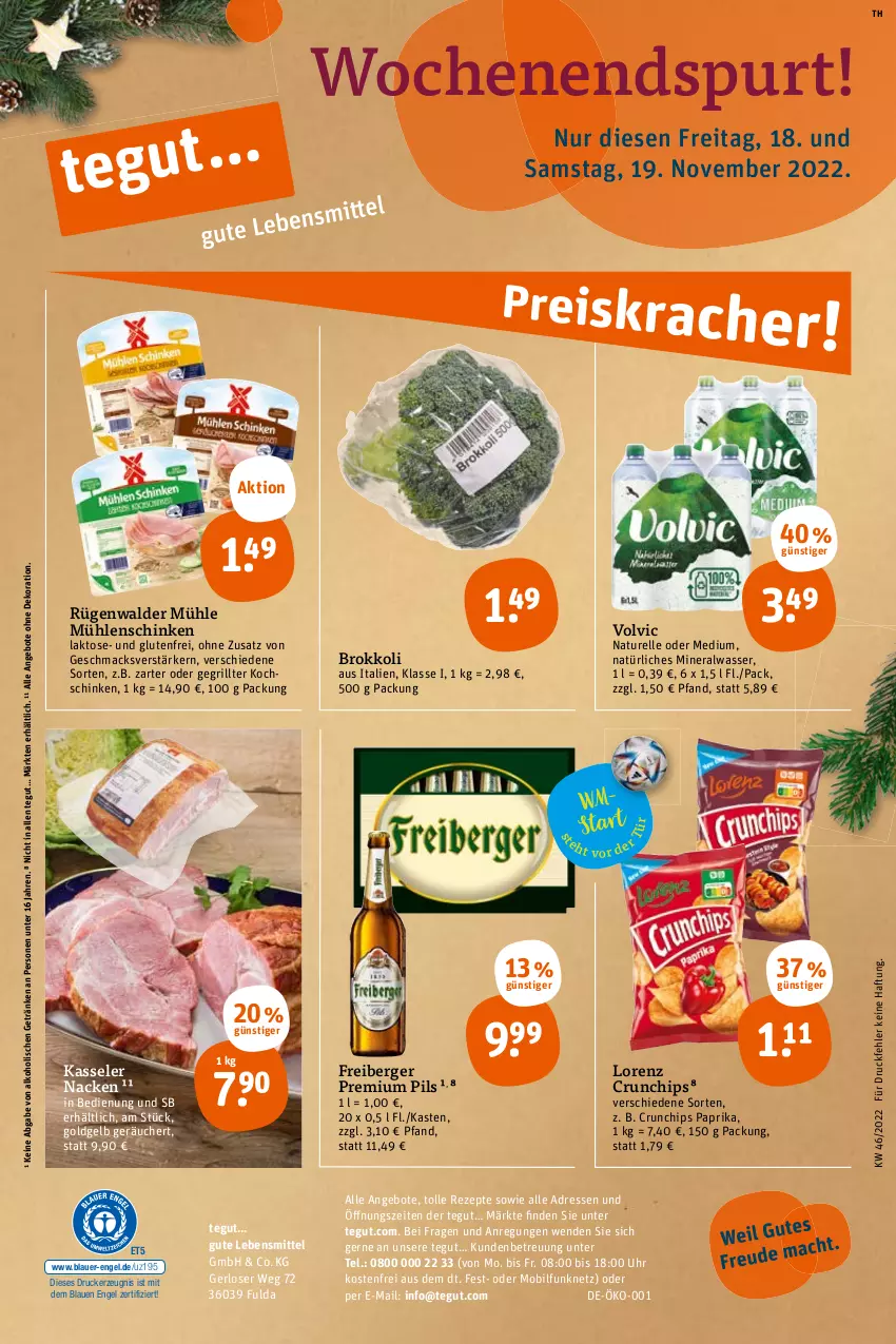 Aktueller Prospekt Tegut - Angebote der Woche - von 14.11 bis 19.11.2022 - strona 30 - produkty: alkohol, Alwa, angebot, angebote, auer, Berger, brokkoli, chips, crunchips, dekoration, drucker, elle, Engel, Freiberger, Fulda, getränk, getränke, grill, kasseler, kerze, kochschinken, lebensmittel, lorenz, lorenz crunchips, mac, mineralwasser, natur, natürliches mineralwasser, paprika, pils, premium pils, rel, rezept, rezepte, rügenwalder, rügenwalder mühle, schinken, Ti, uhr, volvic, wasser