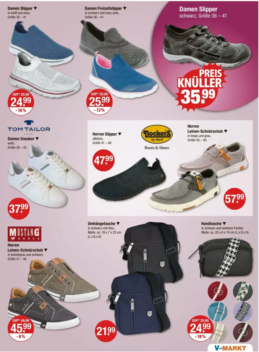 Aktueller Prospekt Vmarkt - Prospekte - von 11.04 bis 17.04.2024 - strona 21 - produkty: Handtasche, lack, leine, LG, slip, Slipper, sneaker, Tasche, tom tailor, umhängetasche